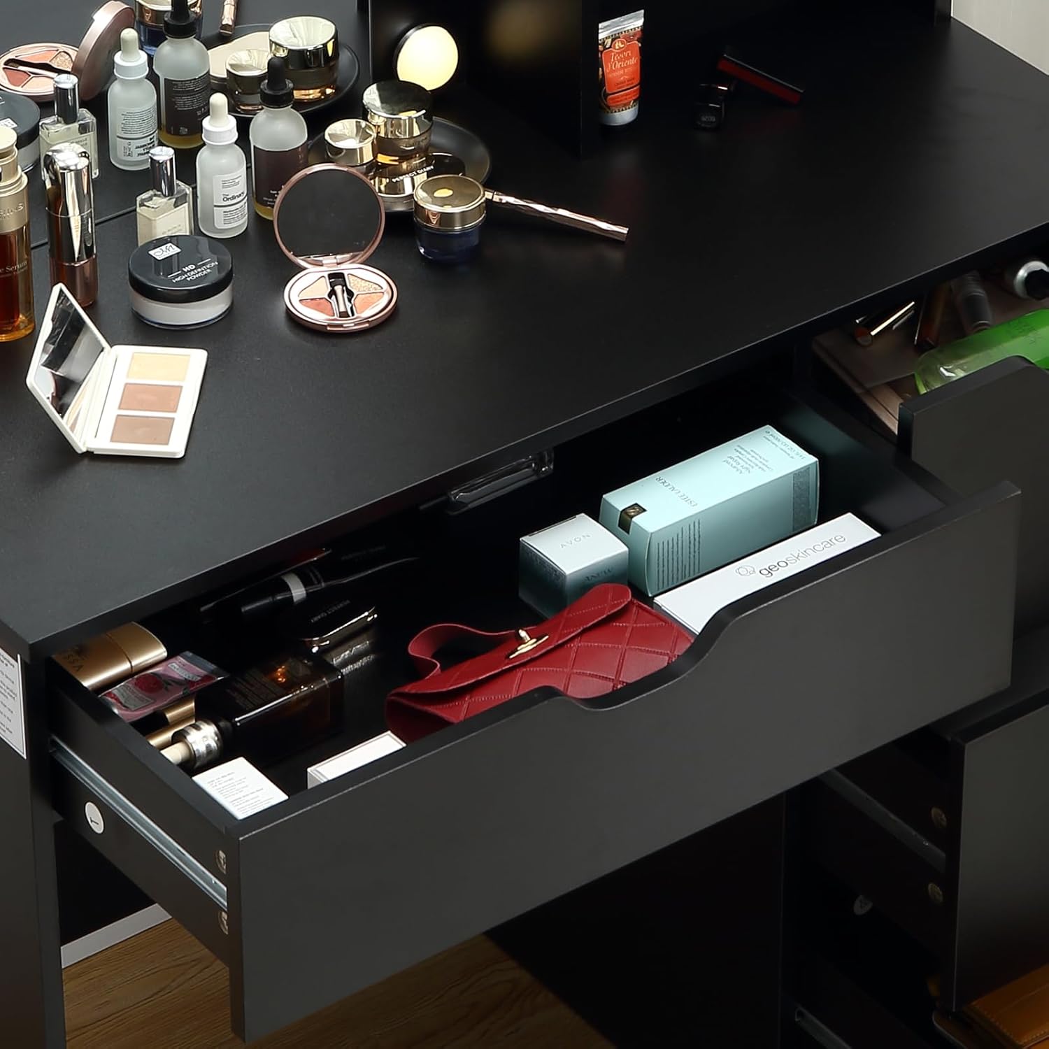 Black Vanity Desk with 3-Mode Dimmable LED Mirror, 4 Drawers, Power Outlet & USB, Makeup Table for Bedroom/Bathroom