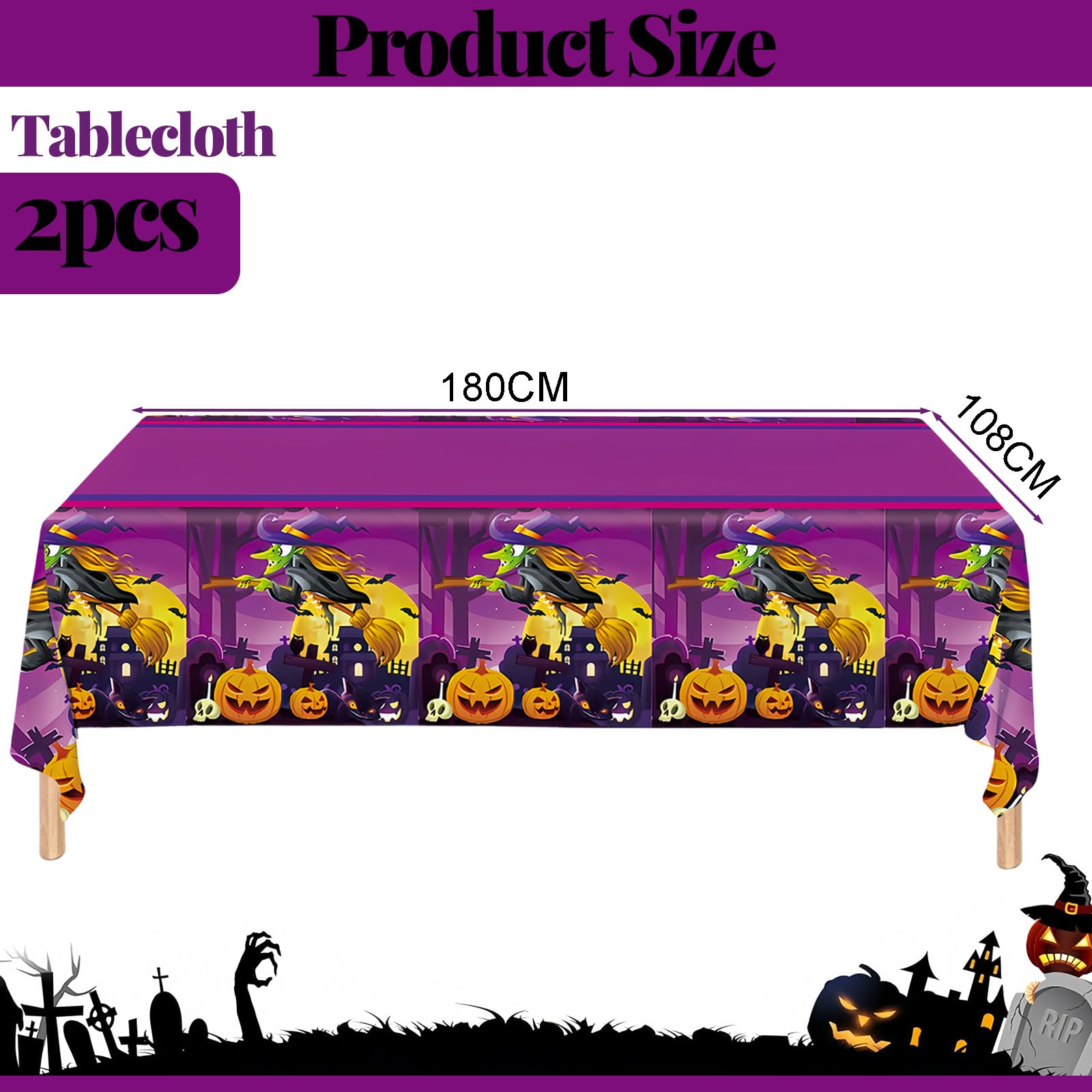 COSORO 2pcs Halloween Table Cloth Party Plastic Cover,108x 180cm Large Witch Pumpkin Purple Dinner for Indoor Outdoor Halloween Party Table Decorations - Image 2