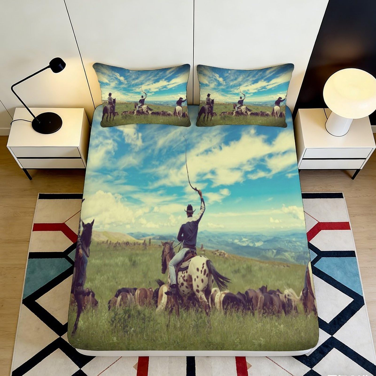 3D Printed Cowboy Western Prairie Fitted Sheet Microfiber Soft Decor Wild Horse Mattress Cover Adult Teen Bedroom 120x200x25cm