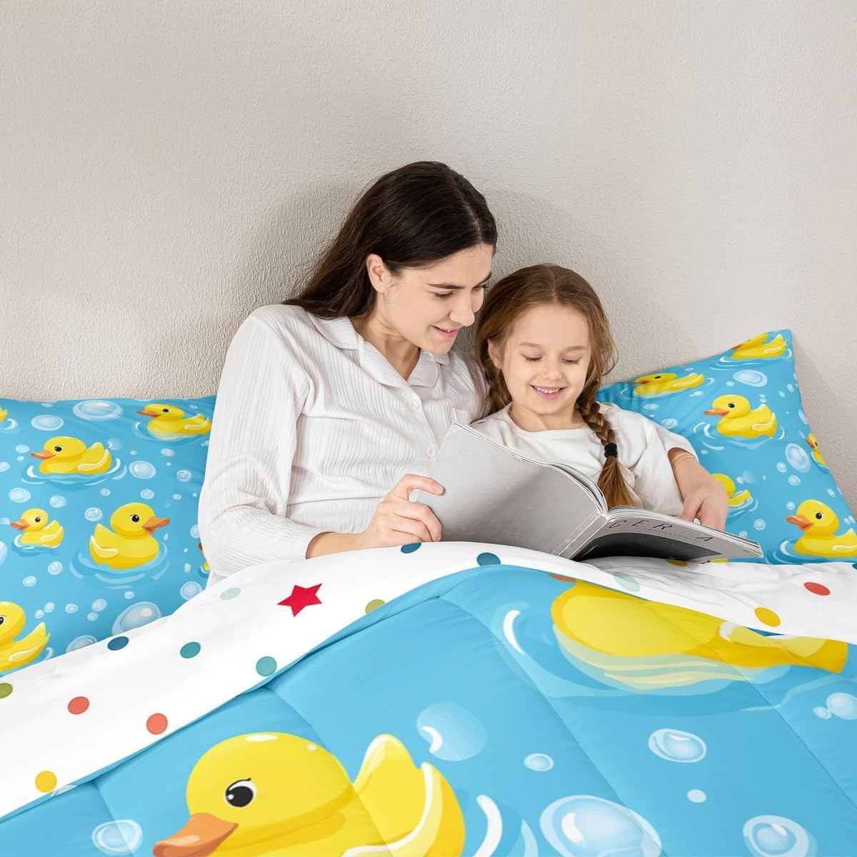 Erosebridal Kids Yellow Rubber Duck Queen Comforter Set Cartoon Ducks Bedding Set Funny Animal Bed Set Cute Pet Animal Quilt Set for Boys Girls