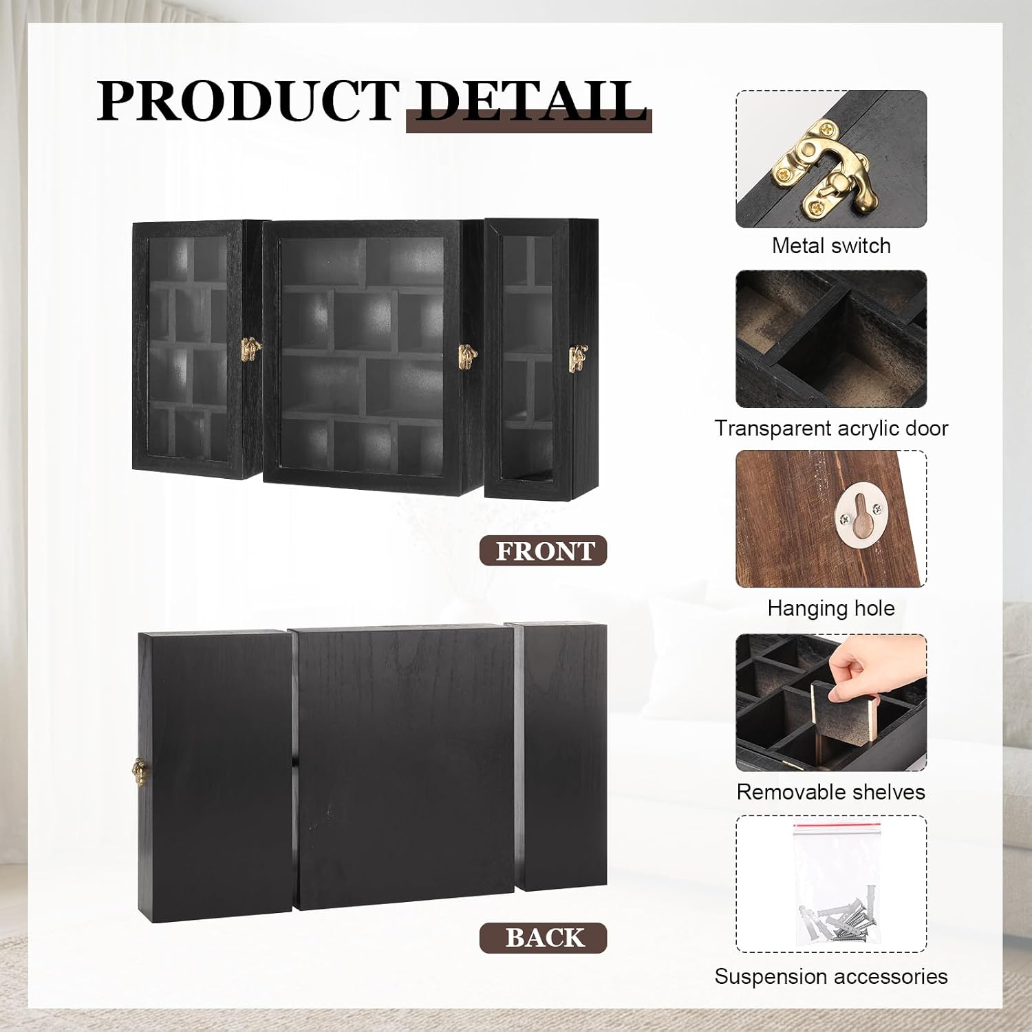 DoubleFill Wooden Trinket Display Shelf Shadow Box with Shelves Large Wall Mounted Display Storage Mini Figures Curio Trinket Medals Crafts Collections(Black)