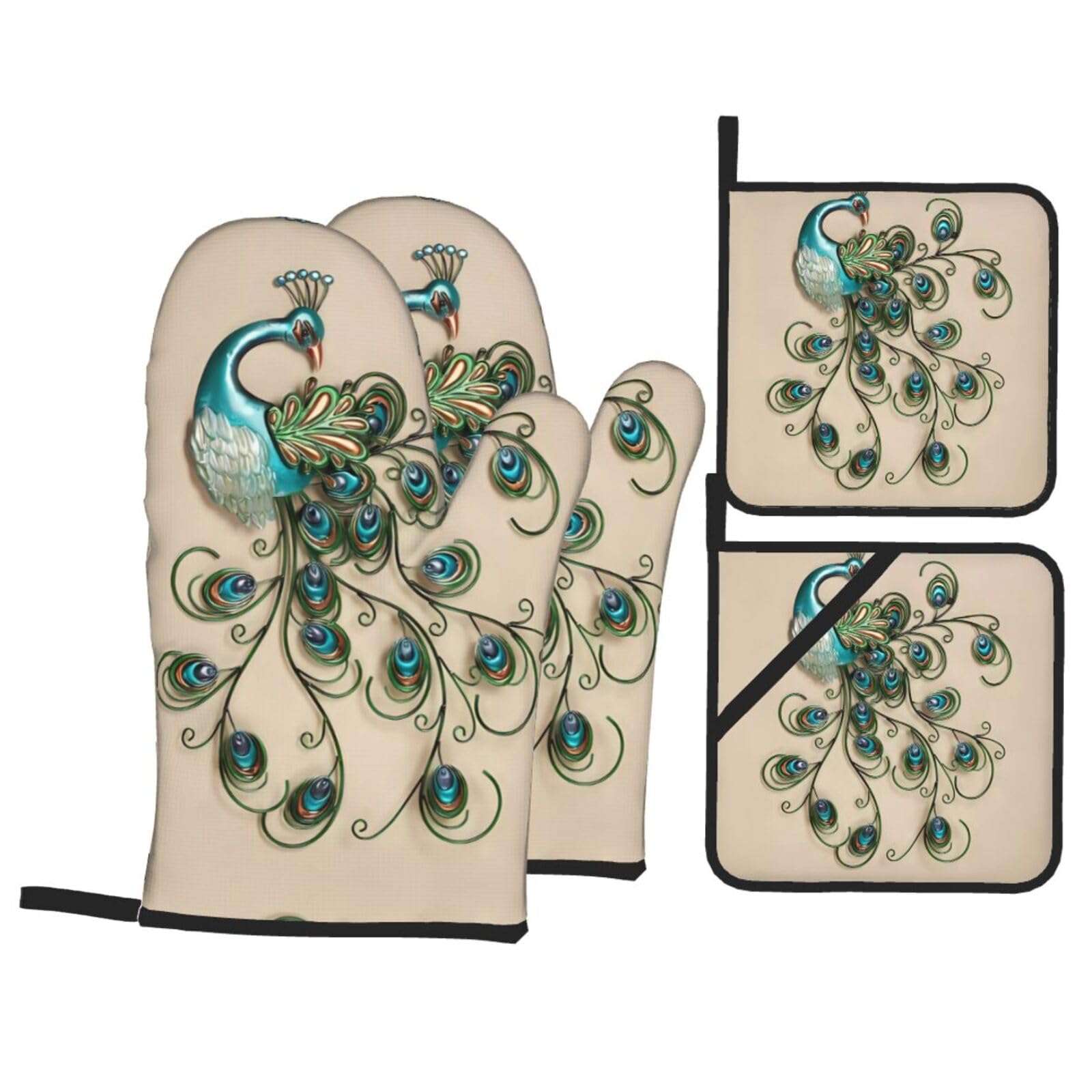 WHJSSF peacock Prints Kitchen Baking Set - 4-Piece Heat Protection Layers with Waterproof Potholders for Oven, Grill & Serving