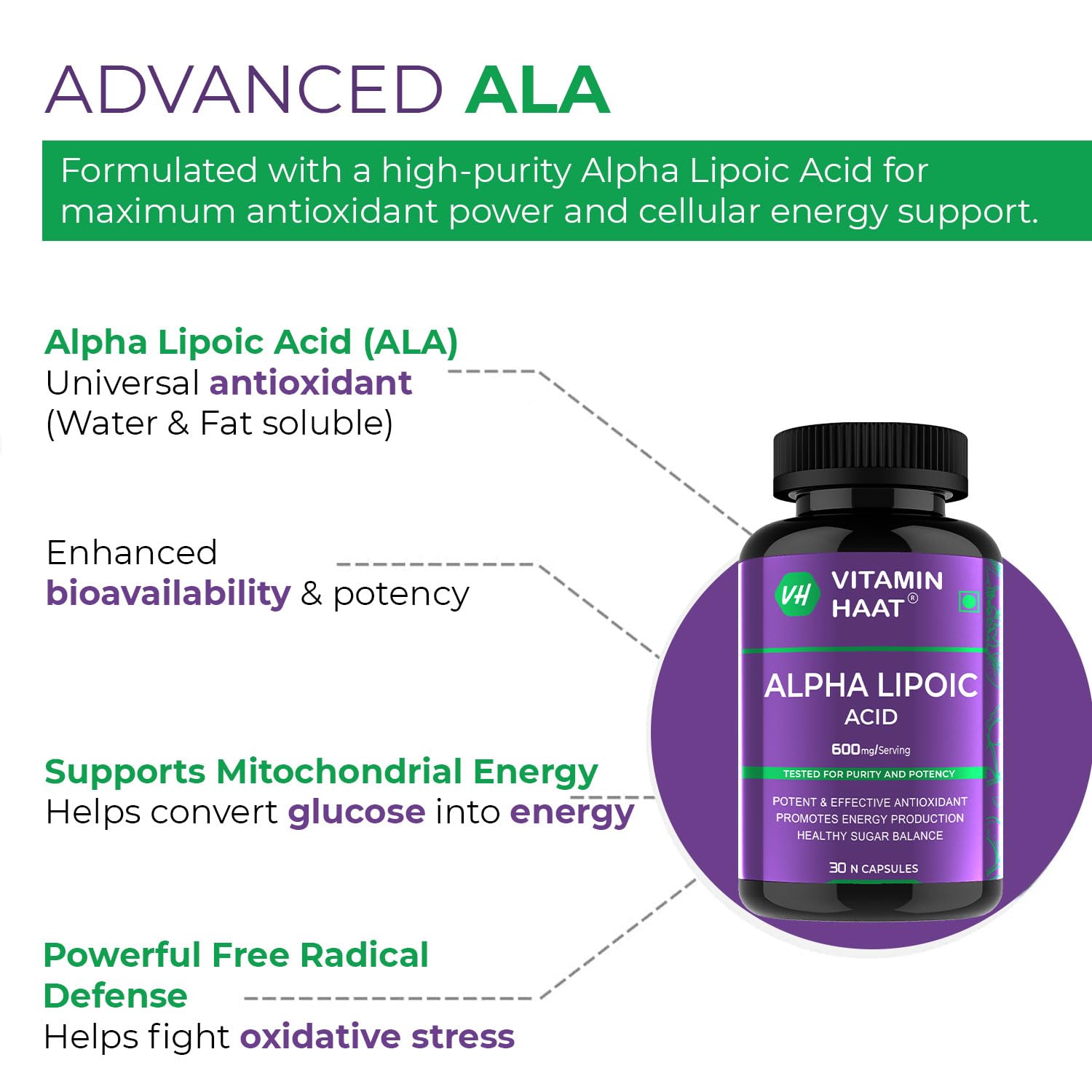 VitaminHaat Alpha Lipoic Acid 600 mg | Powerful Antioxidant for Cellular Energy & Nerve Health | Supports Skin & Glucose Metabolism (30 count (Pack of 1)) — Amazon image 5