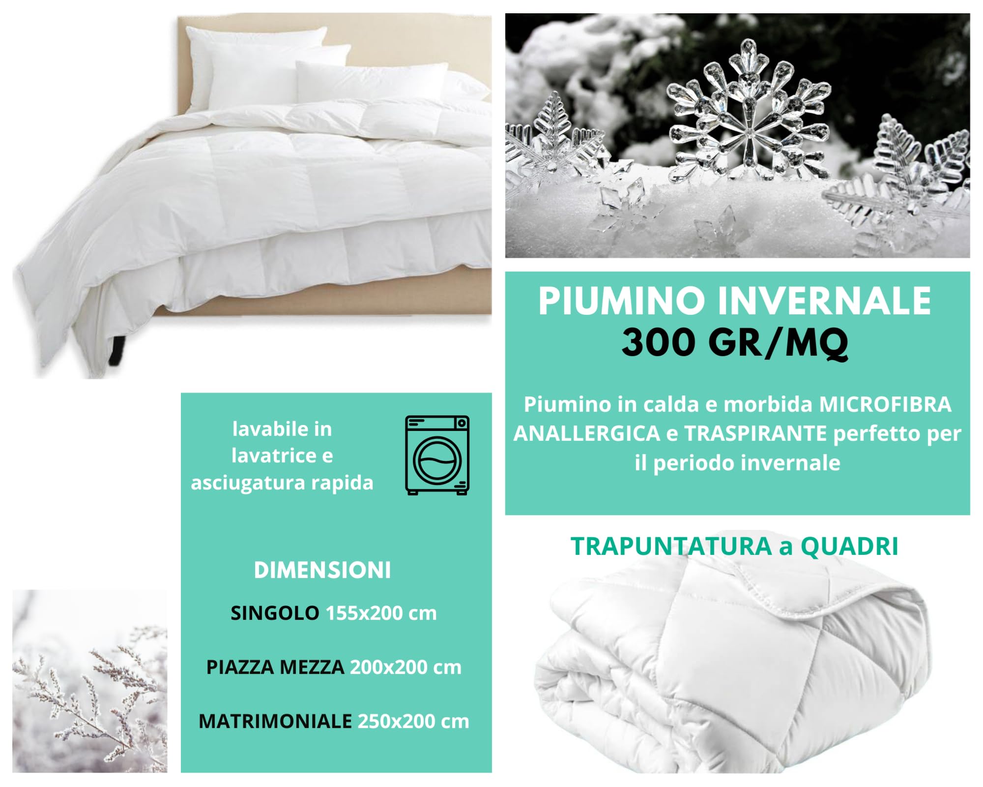 Tata Home Piumino Invernale Singolo Caldo Imbottitura da 300 gr/mq in Morbida Microfibra Piumone Invernale Pesante Misura 155x200 cm Colore Bianco