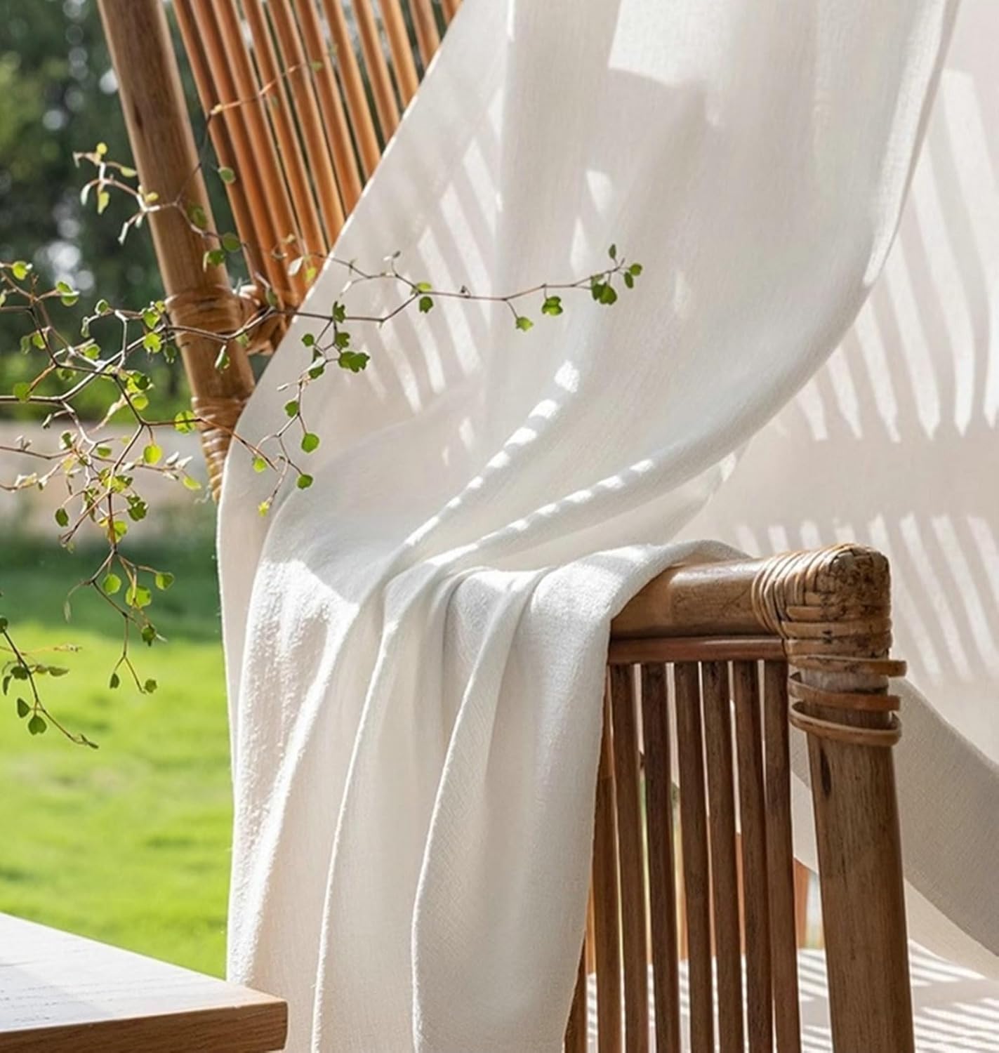 Curtains Voile 2 Panels Set 54 inch Long, Polyester Curtain Sheer Hook Thicken Solid Color Stripes Texture Curtains Window Treatments for Bedroom Living Room Beige White, 42 x 54 Inch
