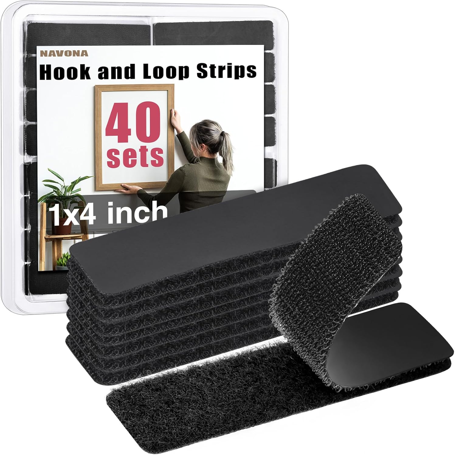 40Sets-1x4 inch Hook&Loop Strips with Adhesive, Black Command Strips with Backing, Heavy Duty Adhesive Fasten Mounting Tape for Home Office School and Crafting (1in x 4in-black) Thumbnail