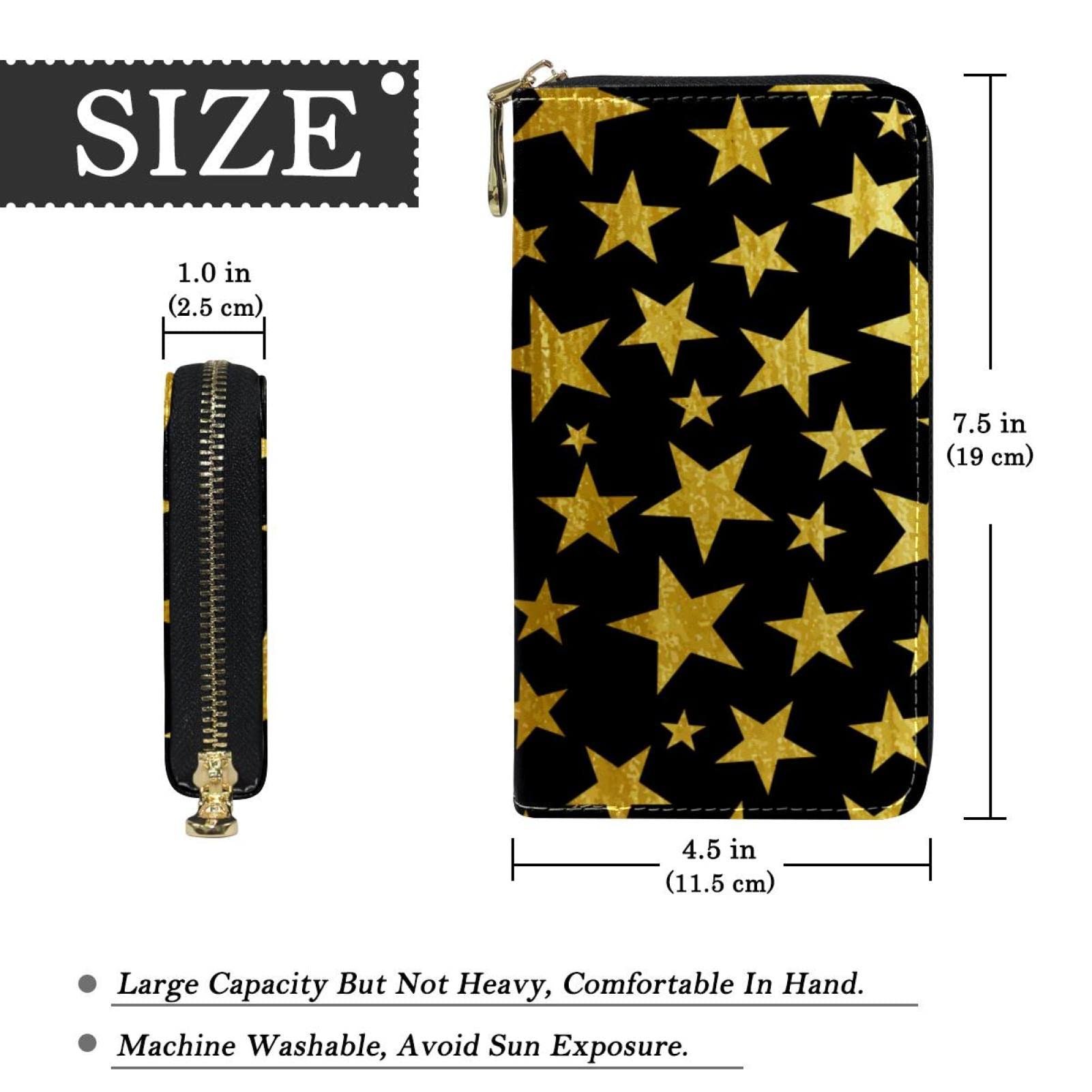 Cartera larga de piel con cremallera y fondo negro con estrellas, Varios colores, 20.5x2.5x11.5cm/8.07x1x4.53 in, Classic