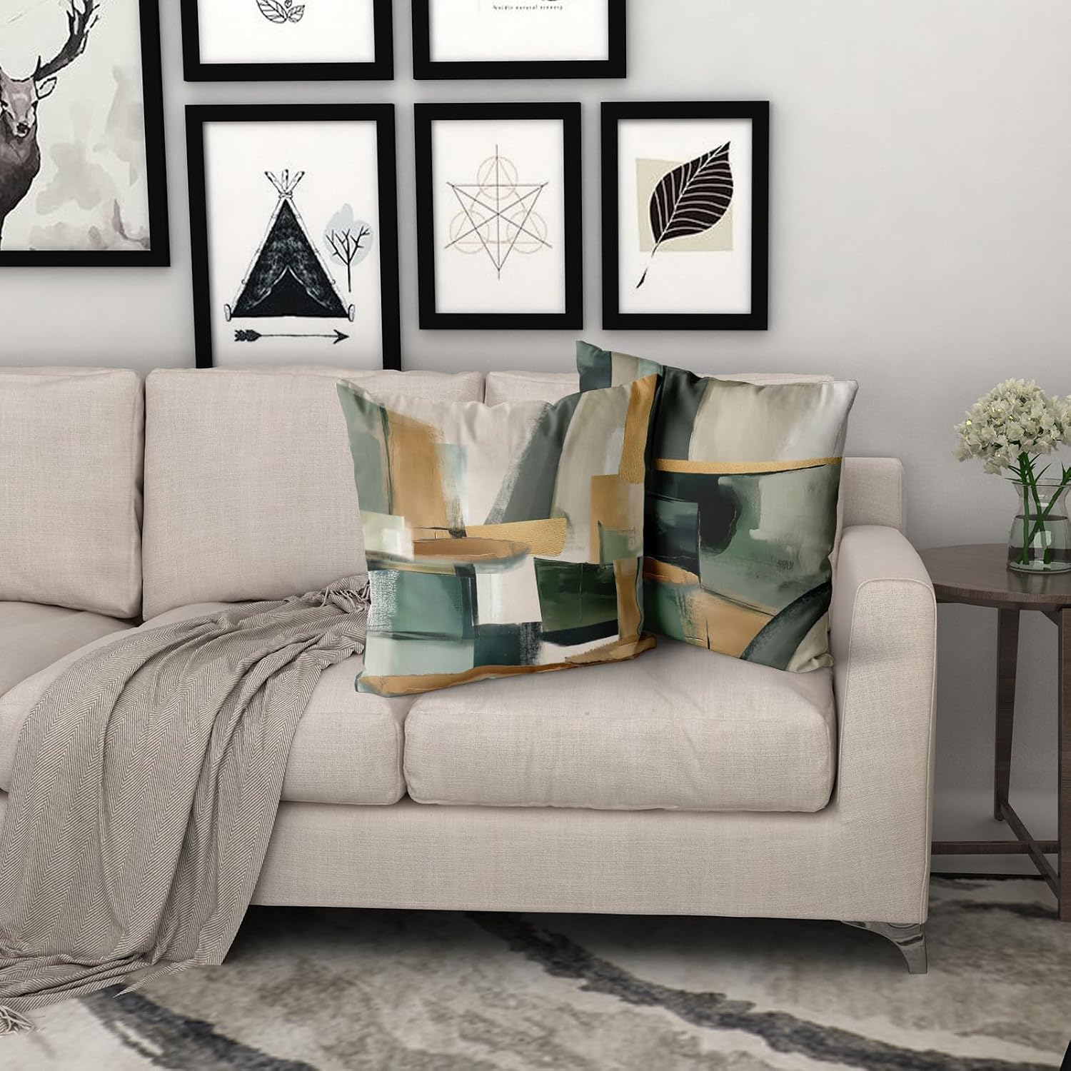 Giwawa Sage Green Gold Pillow Covers Abstract Green and Gold Throw Pillow Covers Set of 2 Modern Minimalist Square Pillow Case for Sofa Bed Living Room Home Decor 16 x 16 Inches image 5