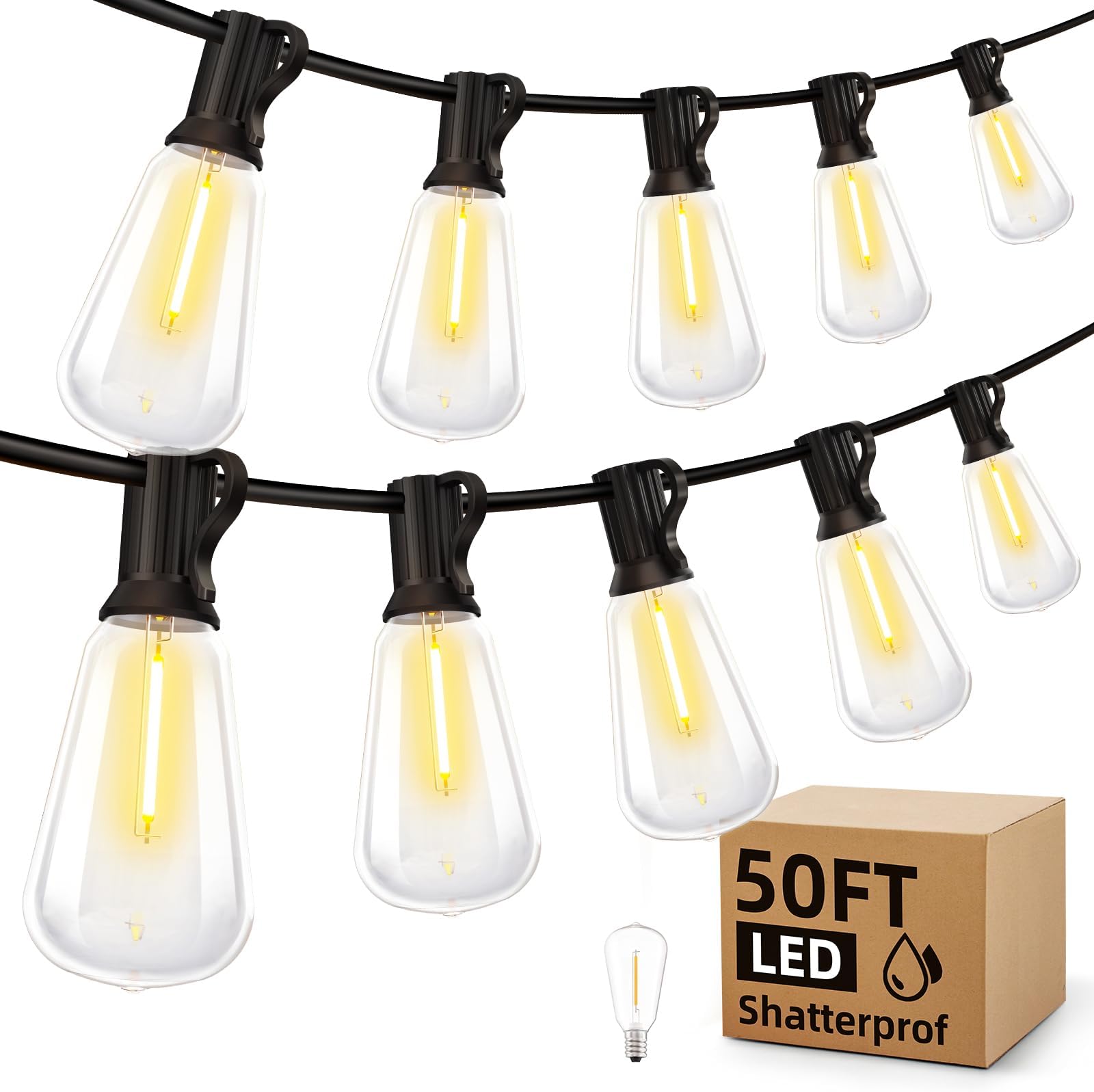 MGVIH Outdoor String Led Patio Lights - 50Ft 15M Outside Waterproof Light ST38 Shatterproof Bulb Connectable Hanging Outdoor Electric Lighting for Backyard Yard Gazebo Porch Party