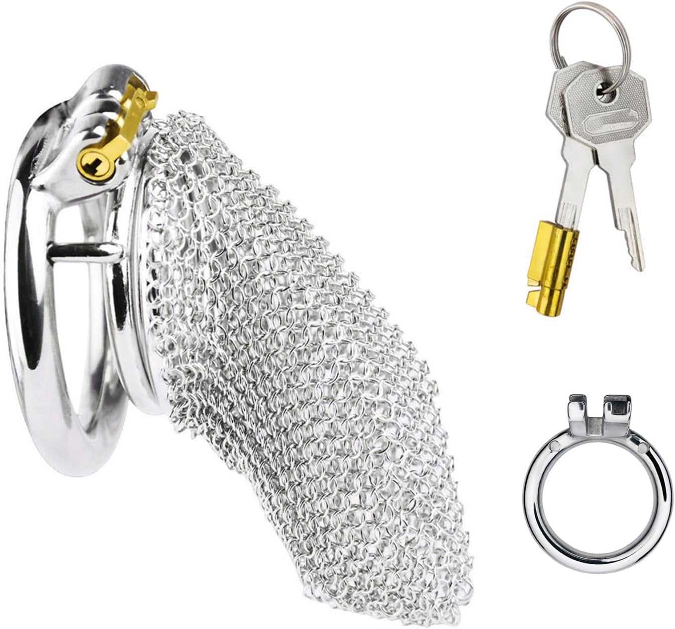 Silver Color Barbed Wire Penis Chastity Cage with 1 Round Ring, Wearable Cock Cage Chastity Devices with Keys Adult Sex Toy for Men- L cage with 4cm Ring