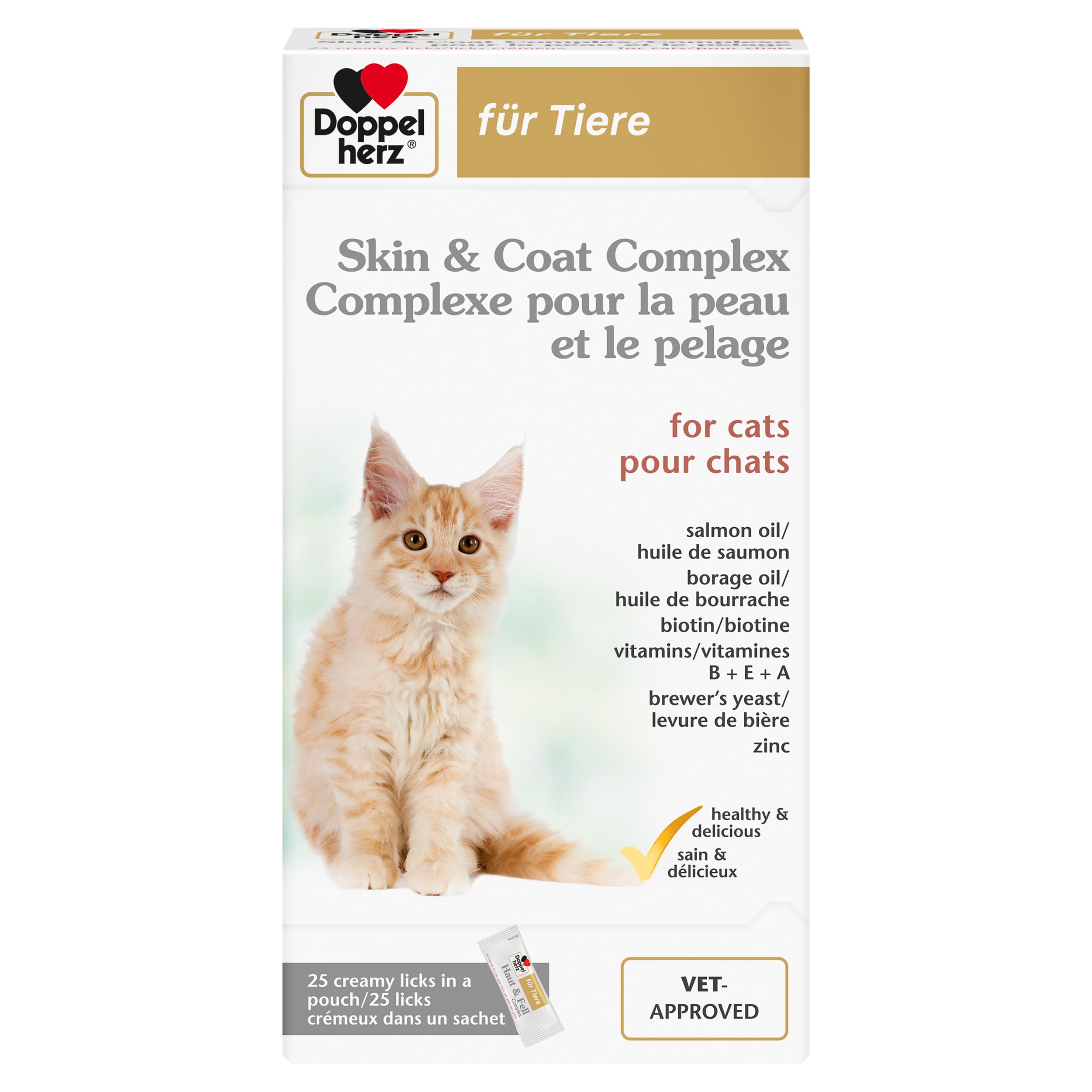 Doppelherz Complexe pour la Peau et Le Pelage pour Chats, Soutien de la Fonction dermique en Cas de dermatose et de dépilation, Acides Gras oméga-3 et oméga-6, Biotine, Vitamines B, E et A - 25 Licks