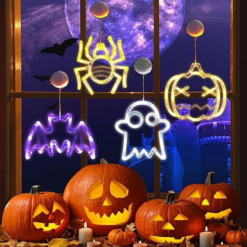 Luces decorativas de Halloween, paquete de 4 calabazas, arañas, fantasmas y telarañas con ventosas, luces de ventana de Halloween a pilas para