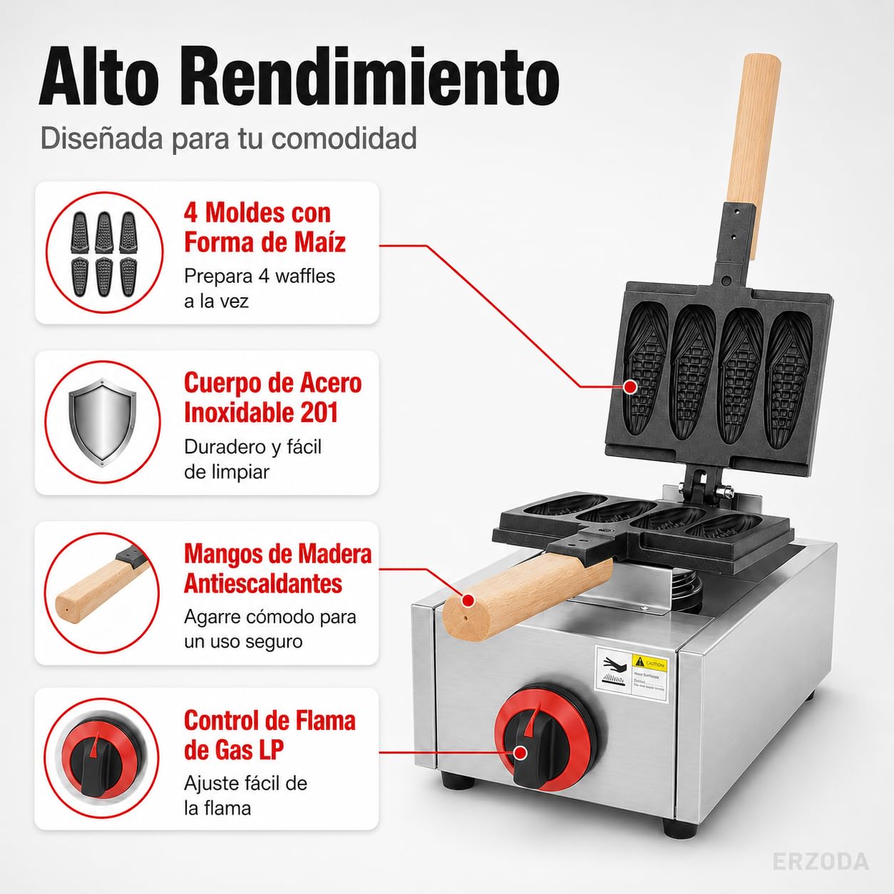 ERZODA Máquina de Gofres de Maíz a Gas Butano Propano, Gofrera Comercial con 4 Moldes para Churrería, Cafetería y Puesto Ambulante