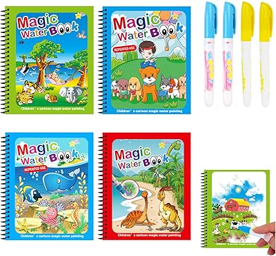 4 Pack Reusable Magic Water Coloring Books for Toddlers,Paint with Water Books,Mess-Free Coloring Book,Portable Educationa...