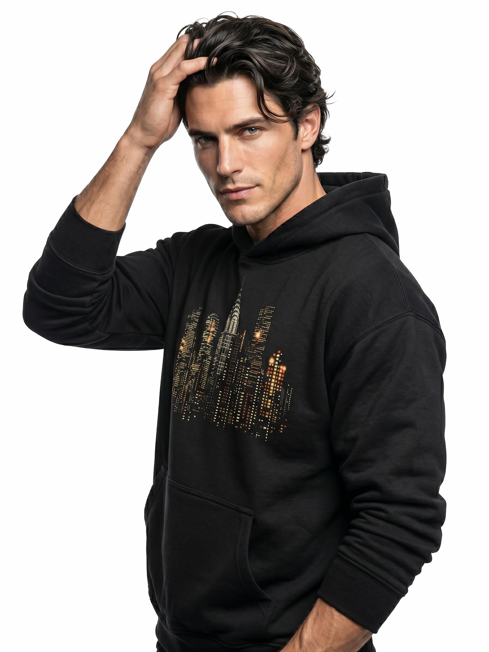 MAKAYA bluza z kapturem męska z motywem Nowego Jorku skyline USA hoodie z nadrukiem amerykański styl
