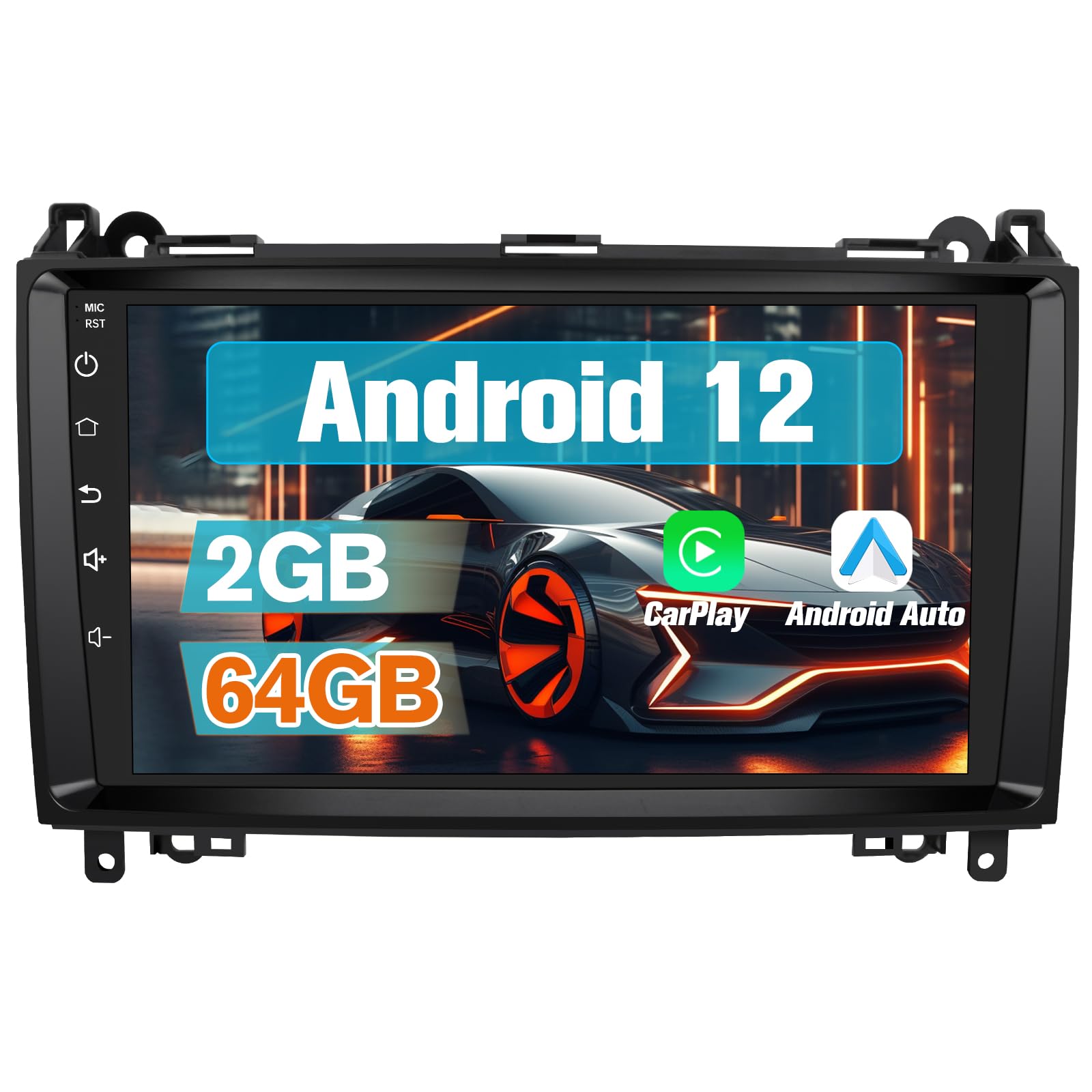 Before and after installation of the AWESAFE car radio in a Mercedes-Benz dashboard