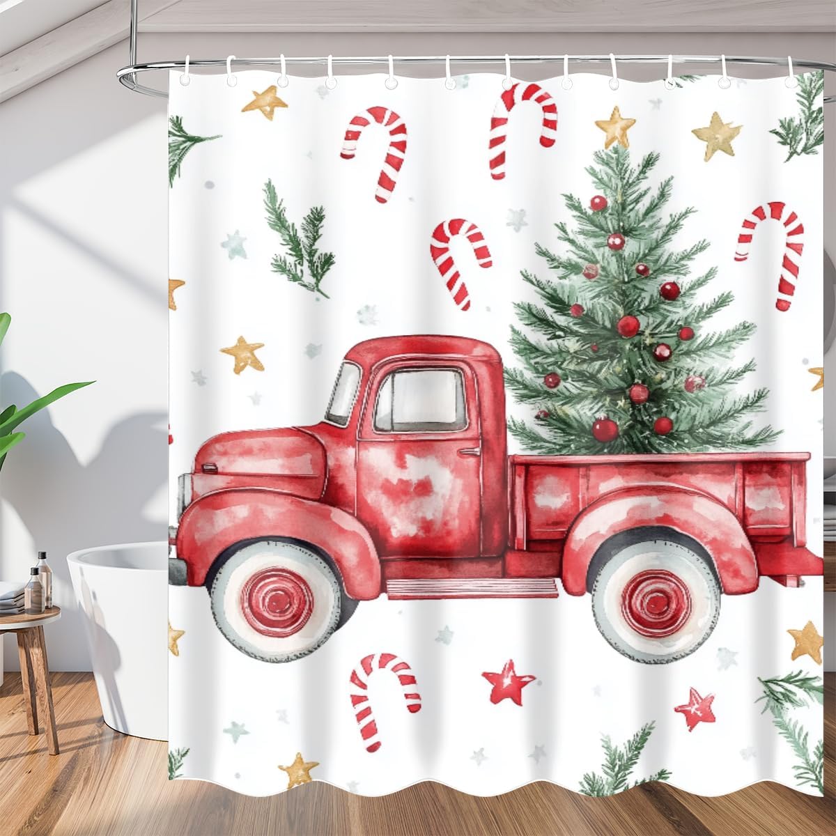 Merry Christmas Shower Curtain, Red Vintage Truck Tree Winter Snow Shower Curtains Set with Hooks,Waterproof Shower Curtain for Bathroom Decor,60Wx72H Inches