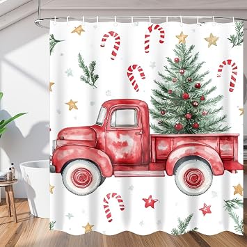 Merry Christmas Shower Curtain, Red Vintage Truck Tree Winter Snow Shower Curtains Set with Hooks,Waterproof Shower Curtain for Bathroom Decor,60Wx72H Inches