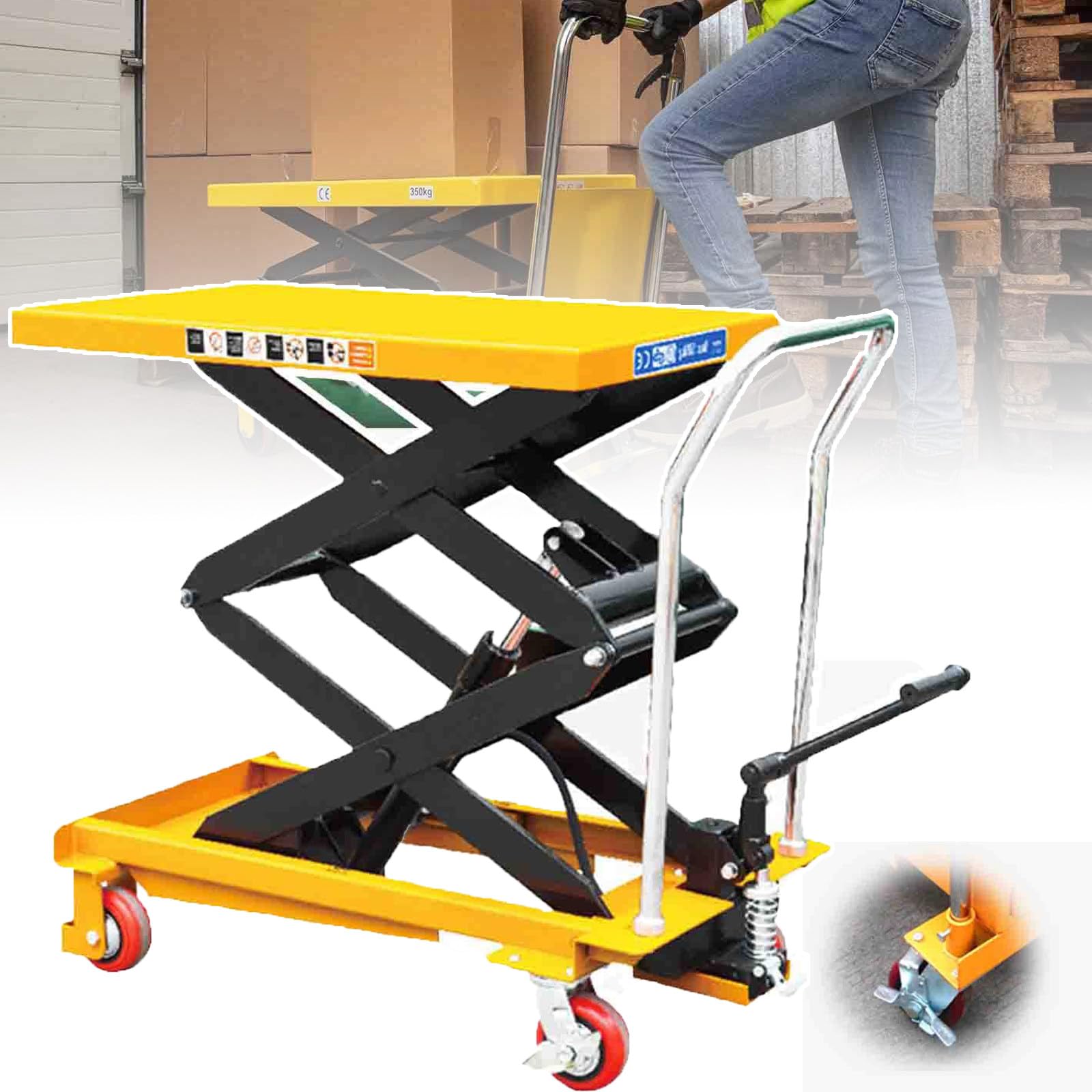 Elevador de mesa hidráulico con pedal, altura (0,72 m-1,5 m), tijera doble portátil, carga (150 kg-1000 kg), mesa de trabajo elevable, ruedas traseras con bloqueo, 500 kg y 1,5 m