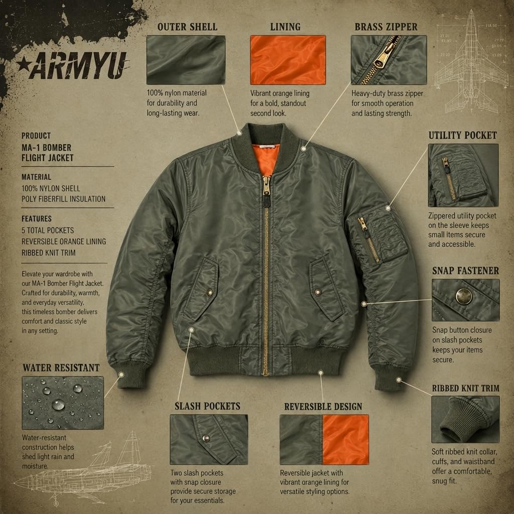 Army Universe MA-1 Bomber Flight Jacket Reversible Air Force Military Fighter Pilots Casual Insulated Tactical Coat