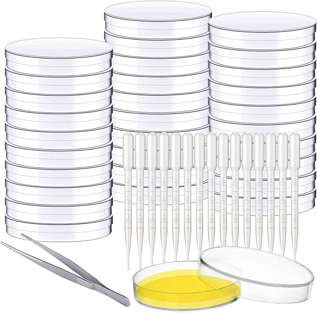 ADFEN 30Pcs Petri Dish Set with Lids,Plastic Petri Dishes with 15Pcs 3ml Plastic Transfer Pipettes Dropper and 1 Tweezers for Lab, Experiment, Biology, Microbiology Studies,Science Fair Project