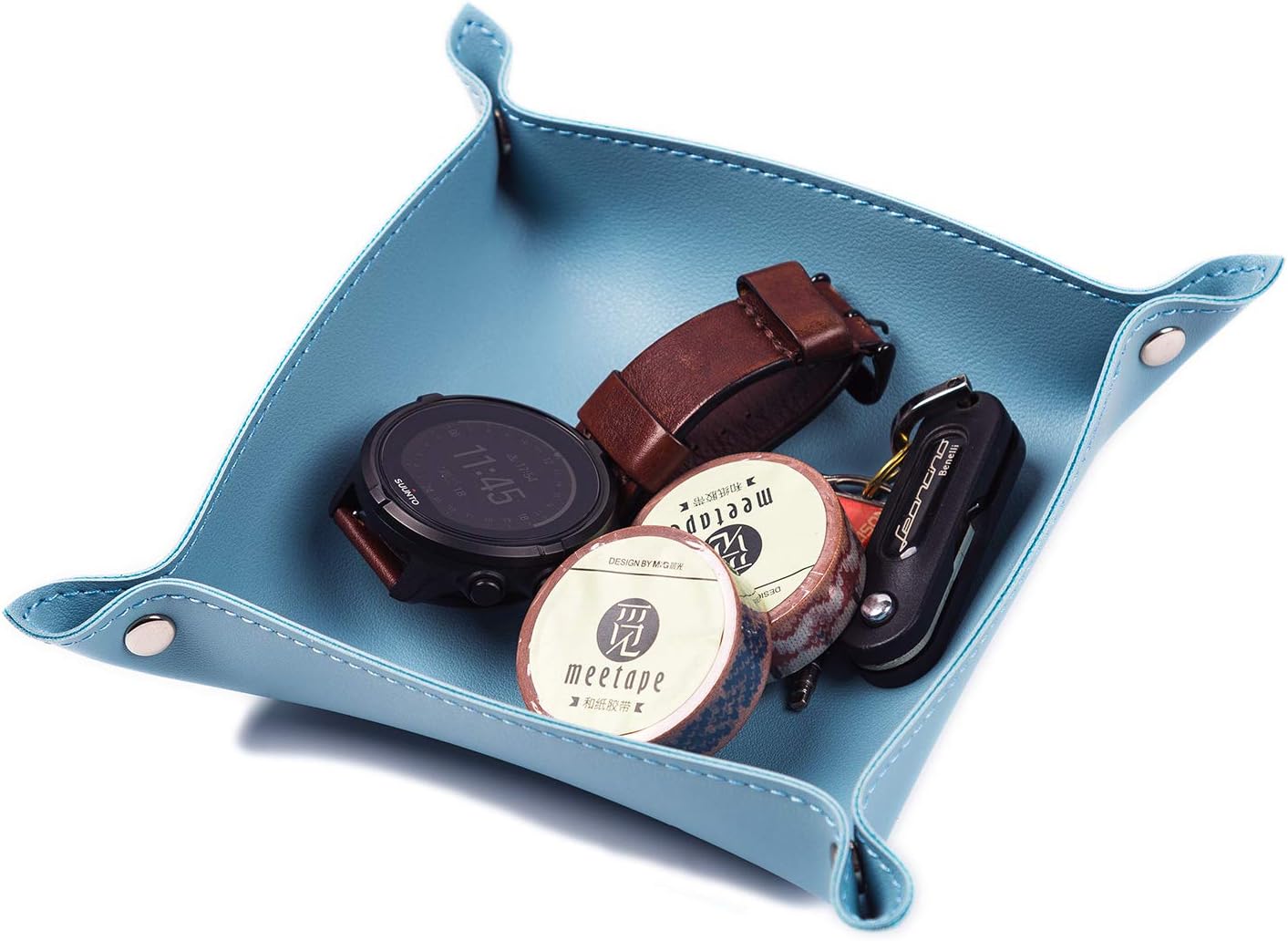 Valet Trays Leather-Small Catchall Tray Personalized Desk Organizer for Jewlery Key Glasses Headphone Wallet-Office/Home Use (Light Bule)
