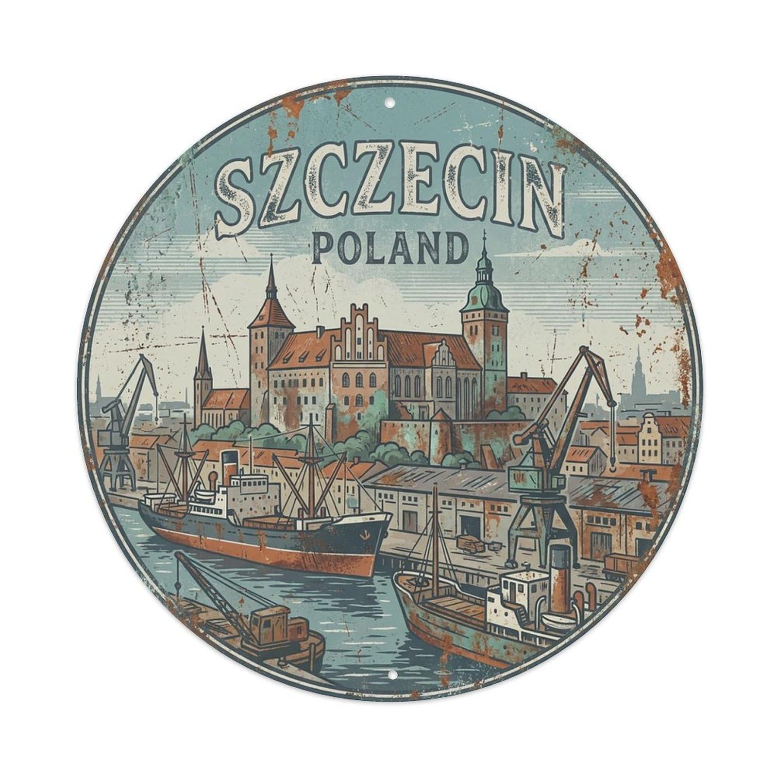 Poland Vintage Travel Szczecin Vintage Metal Tin Sign Plaque Wall Decor for Cafe, Club Bar, Office, Garden Metal Poster 8x8Inch