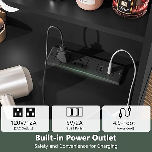 Miniatura 7 de Quimoo Escritorio grande con espejo iluminado LED y toma de corriente, mesa de tocador de maquillaje con 7 cajones, 4 estantes y 5 ganchos, mesa de