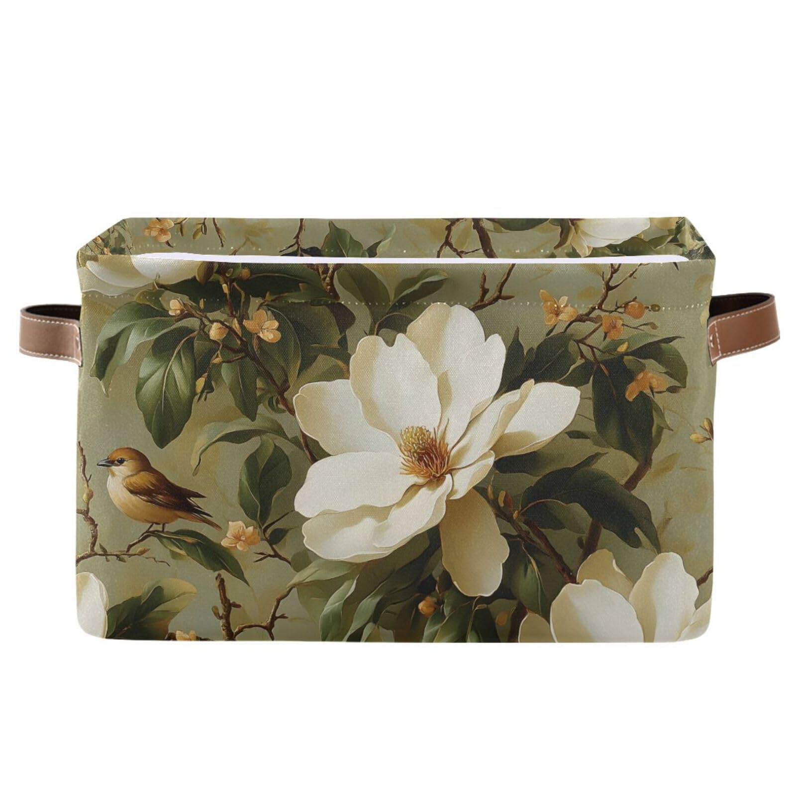 ALAZA Magnolia Flowers Pattern Storage Basket Large Foldable Canvas Storage Bin with Handle Rectangular Decorative File Box Fabric Boxes for Shelf