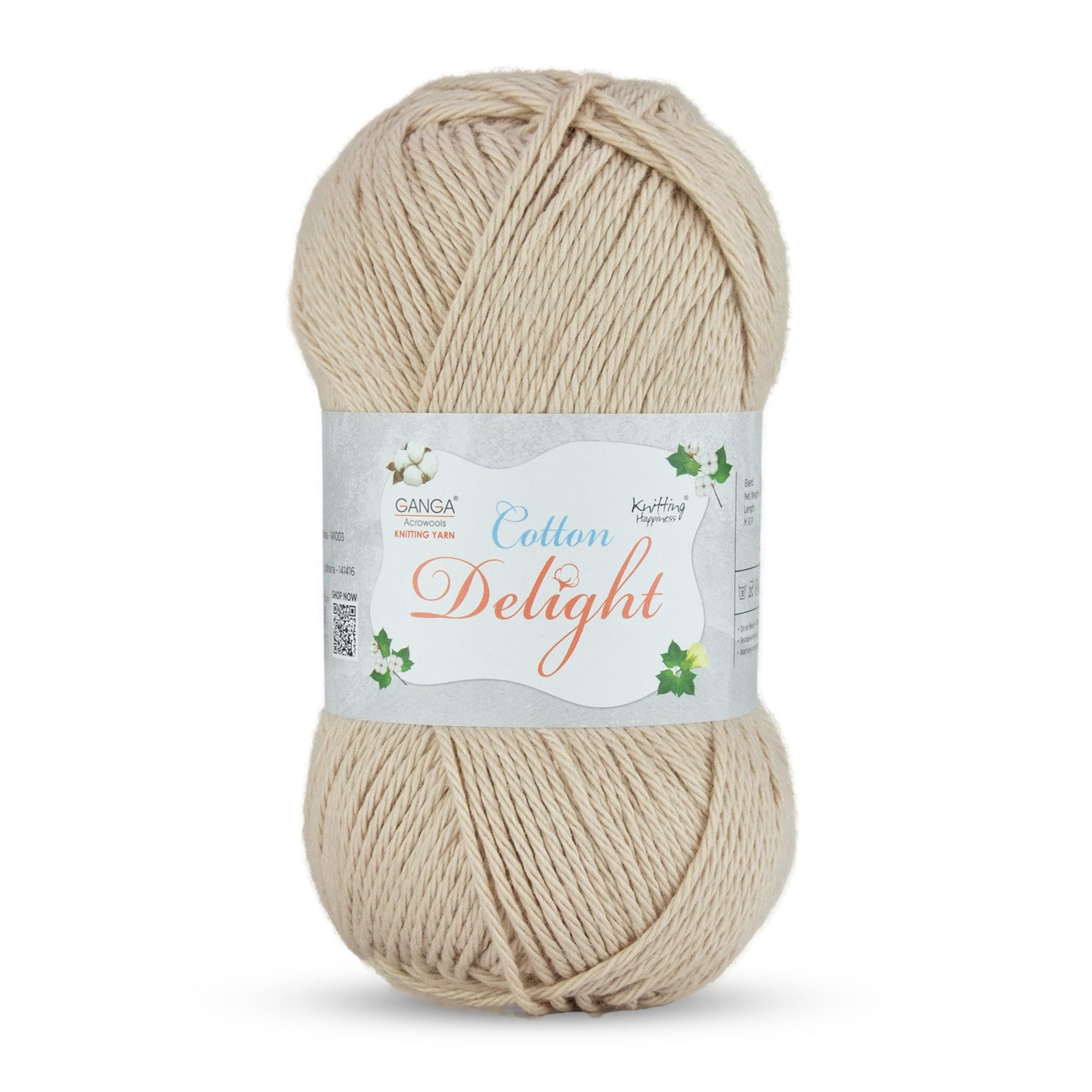 Ganga Acrowools Cotton Delight, Dk Weight Cotton Yarn, Oekotex Class L Certified 100G, 169M, Pack of 1 Ball - 100gm Each, Shade No. - COD041 - Cotton Seed