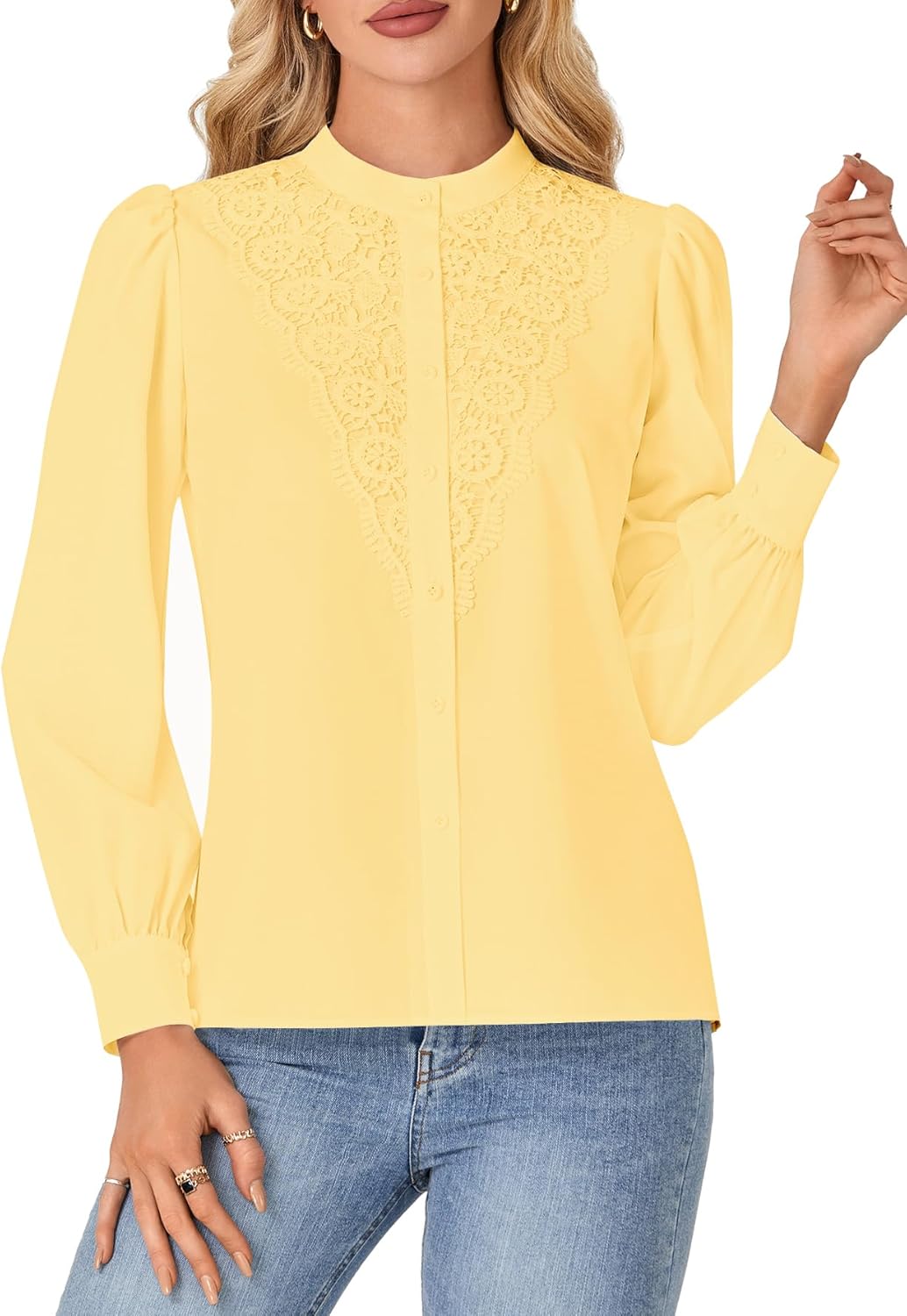 Rooscier Women's Lace Mock Long Sleeve Button Down Elegant Blouse Shirt Top Fall Clothes - Image 2