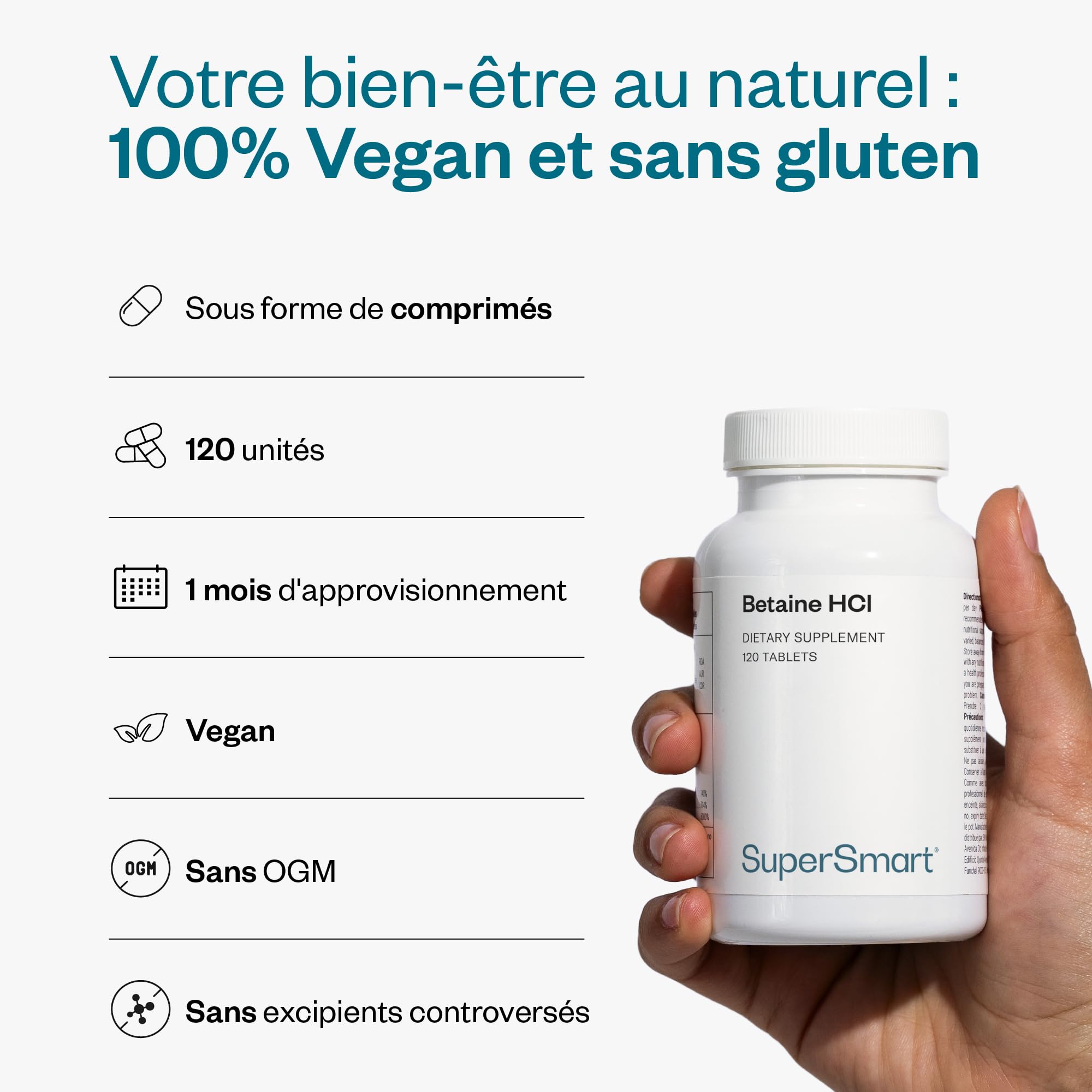 Betaine HCI - Aide à la Digestion, à l’Absorption des Nutriments, à la Détoxication et à la Baisse d’Acidité Gastrique - Acidifiant Gastrique Naturel - Vegan - SuperSmart