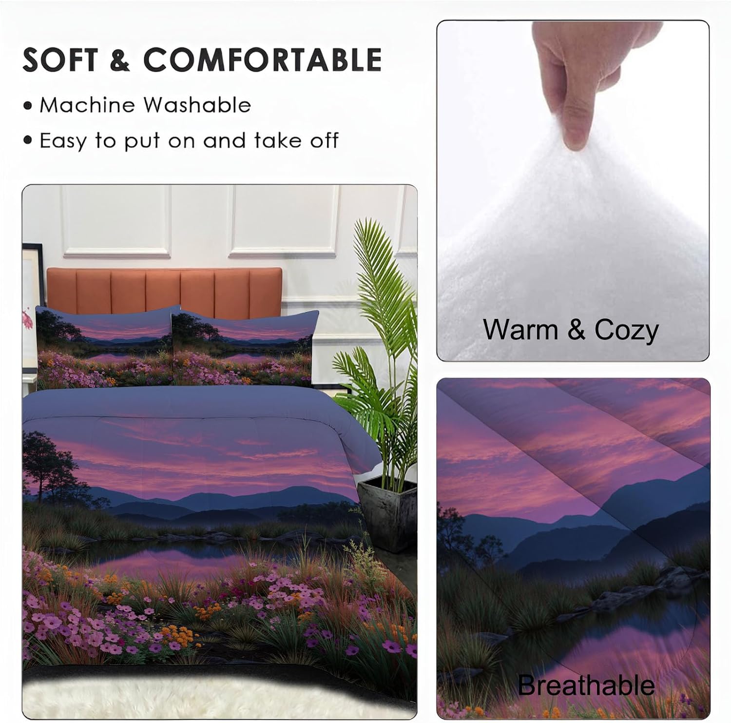 Plants and Flowers Comforter Set King Size, Wildflower Lake Bedding Set for Girls Boys, Pinkish-Purple Quilt Bed 104"X90" Bedding Comforter Sets with 2 Pillowcase Room Decor