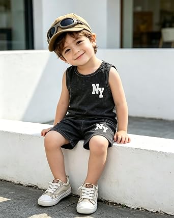 Xumplo Baby Boys Clothes Sets for Kids Toddler 2-Piece Outfit Set Gray Tank Top+Shorts with White NY Print Cotton 6M-4T