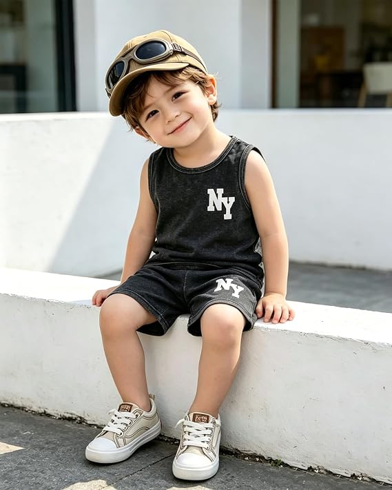 Xumplo Baby Boys Clothes Sets for Kids Toddler 2-Piece Outfit Set Gray Tank Top+Shorts with White NY Print Cotton 6M-4T