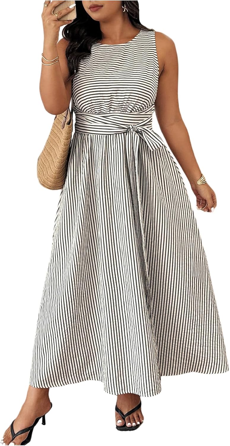 SOLY HUX Women's Plus Size Striped Dress Crew Neck Sleeveless Bow Tie A Line Flowy Summer Long Maxi Dresses