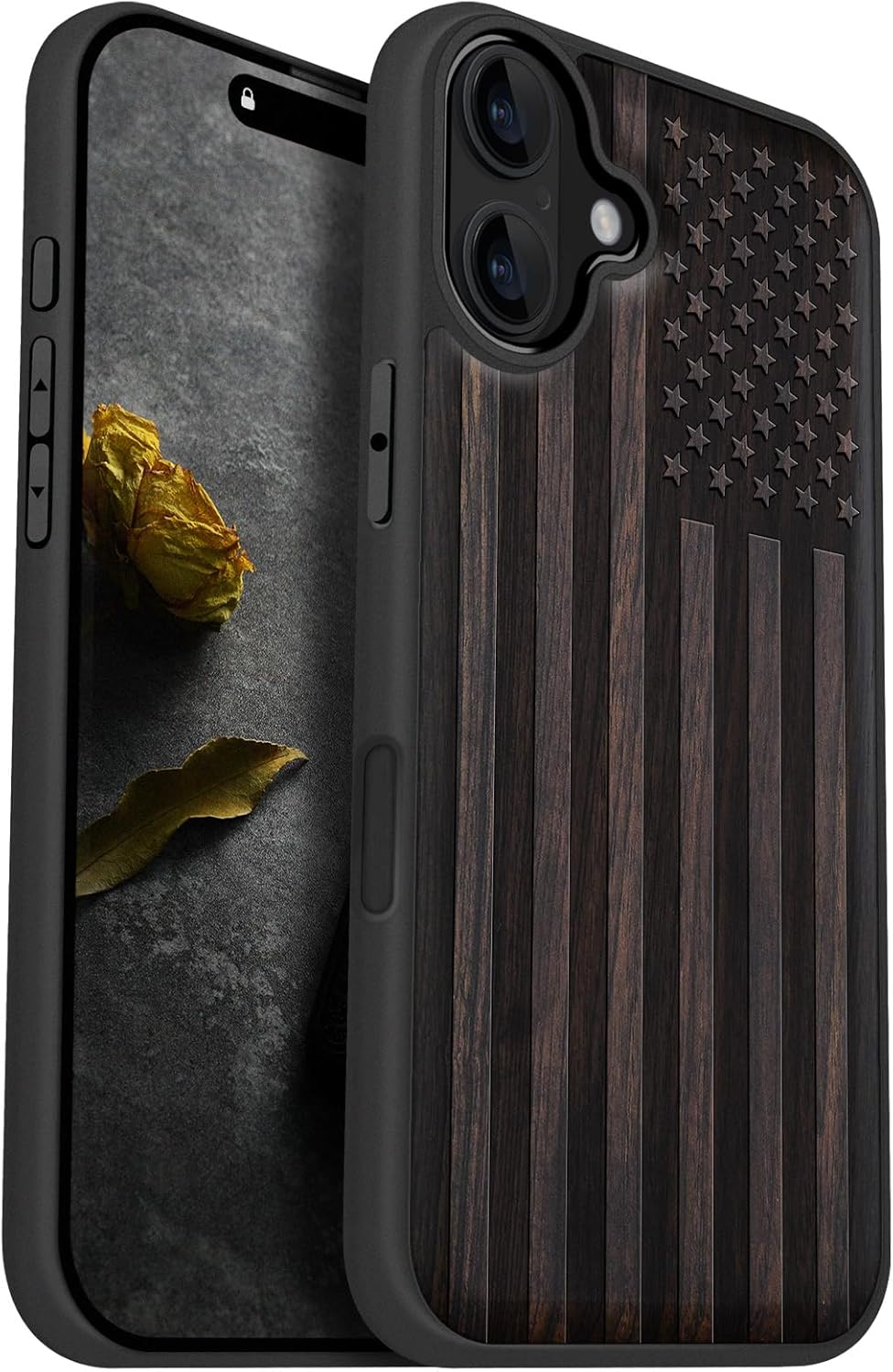 Carveit Magnetic Wooden Case for iPhone 16 Plus Case, Wood Artisan Engraved & Black Soft TPU Shockproof Cover, Compatible with MagSafe Wireless Chargers (American Flag) Blackwood American Flag-Black