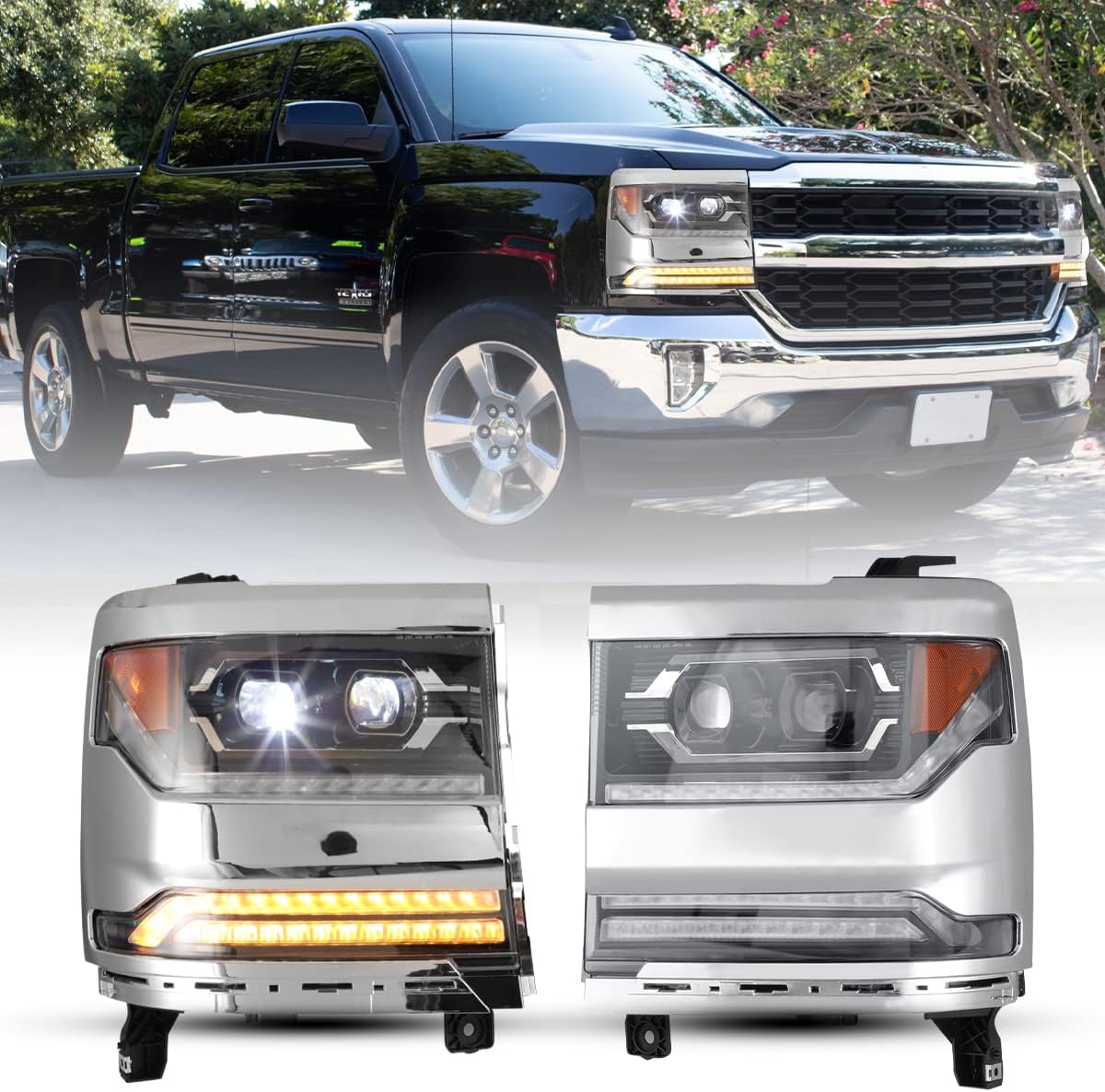 Winjet Headlight Assembly Fit For 2016 2017 2018 2019 Chevy Silverado 1500 Headlamp Replacement w/LED Sequential Turn Signal Light, DRL, High & Low Beam (Chrome Housing Clear Lens)