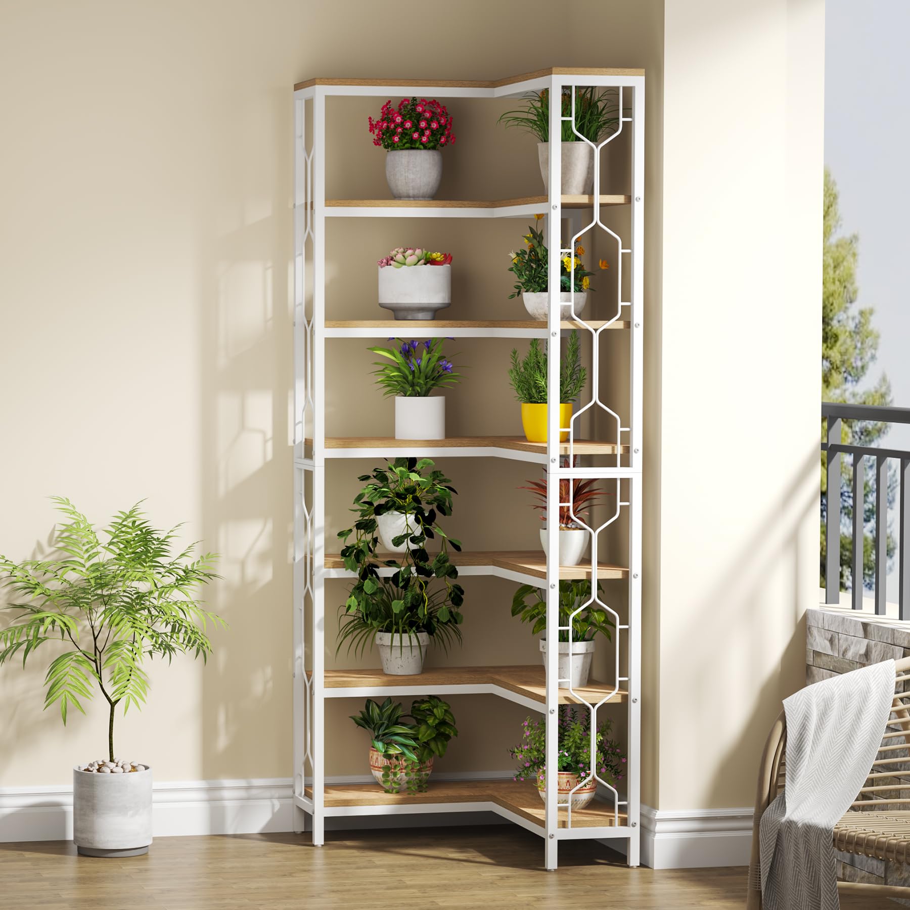 Tribesigns Etagere - Scaffale angolare industriale a 7 ripiani, in legno e metallo, scaffale autoportante per soggiorno, cucina, casa, ufficio, bianco e naturale