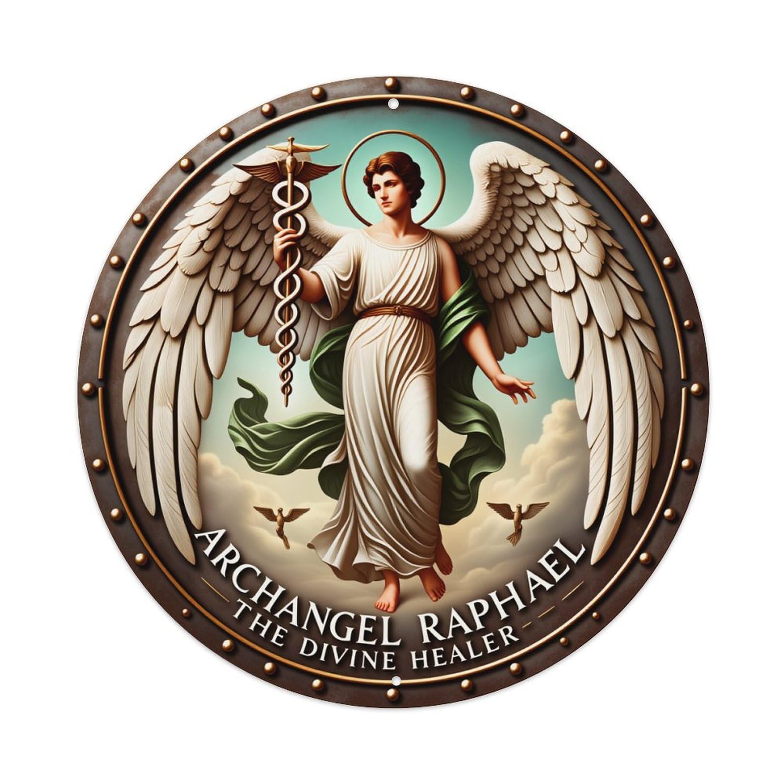Archangel Raphael Divine Healer Winged Figure Metal Tin Sign Plaque