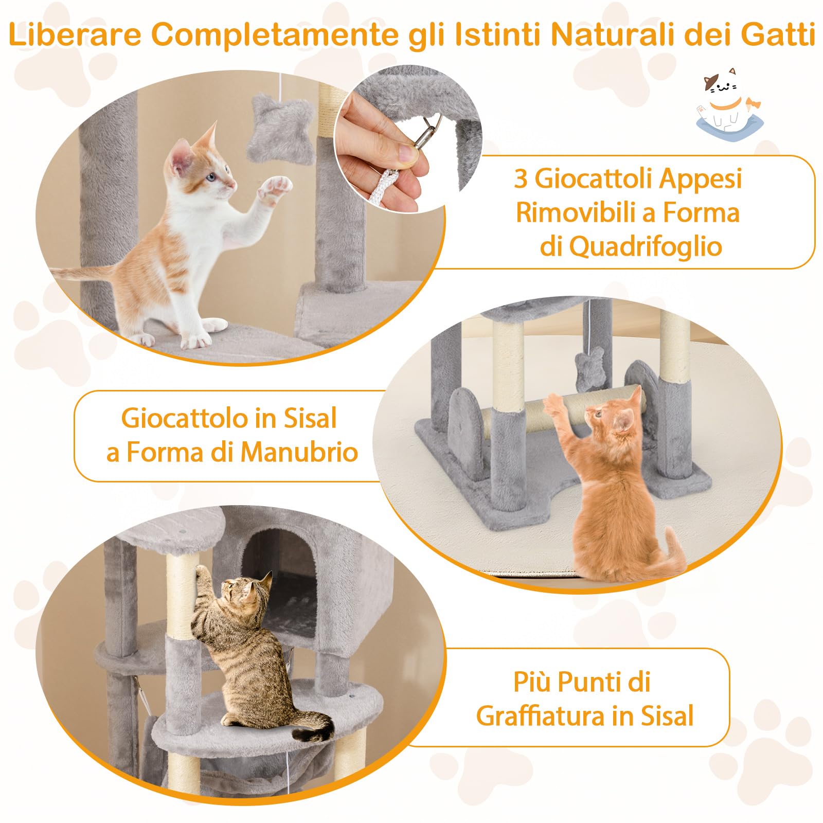 COSTWAY Tiragraffi 176cm, Albero per Gatti con Letto a Cesta, Amaca, Palline, Piattaforme di Salto, Giocattoli, Torre per Animali Domestici da Interno, Grigio