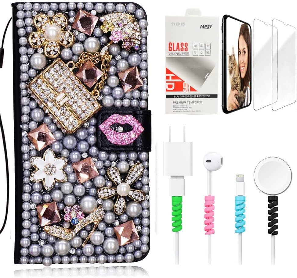 STENES Bling Wallet Phone Case Compatible with OnePlus 7T - Stylish - 3D Handmade Butterfly Rose Flowers Design Leather Cover with Screen Protector & Cable Protector - Green