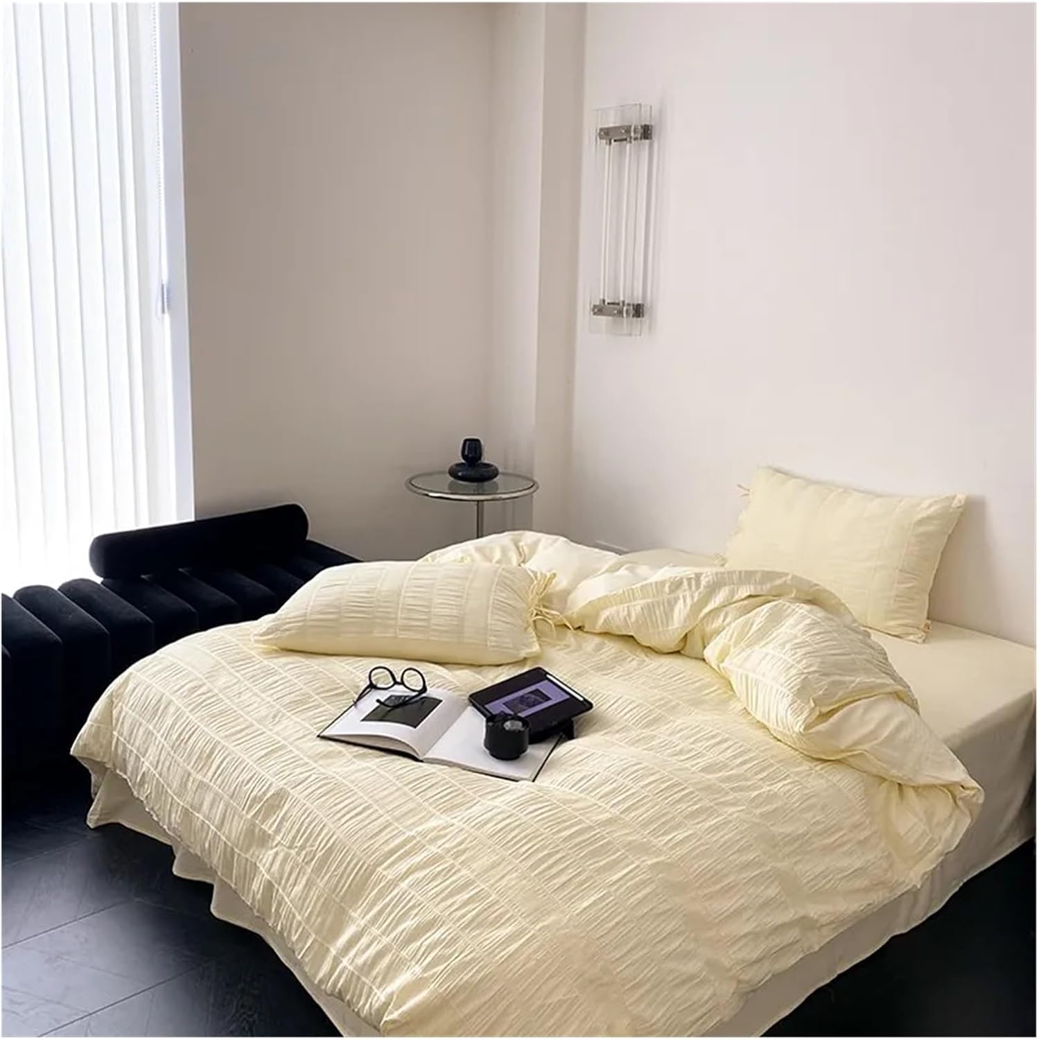 White Seersucker Duvet Cover Stripe Textured 100% Washed Cotton Soft Breathable Bedding Sets(1Duvet Cover+1Bed Sheet+2Pillowcases,Bed