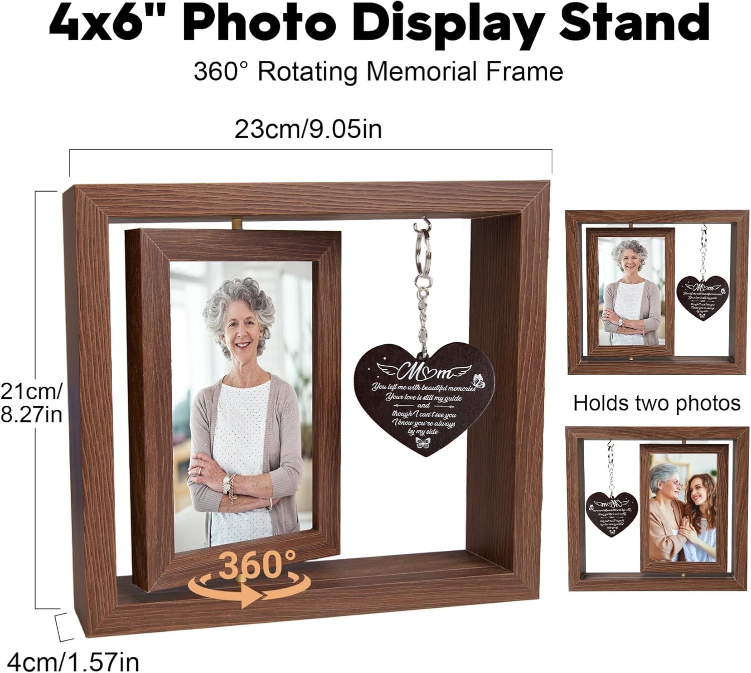 Memorial Gifts for Loss of Mom, Memorial Picture Frame, Rotating Memory Frame with 2 Heart Pendants, Wooden Bereavement Sympathy Gifts for Loss of Mother, Fits 4x6 Inch Photo - Image 2