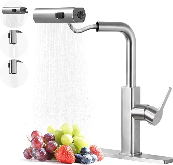 Kitchen Faucet with Pull Down Sprayer: ALEASHA Waterfall Kitchen Sink Faucet with 3 Function Pullout Sprayer, 360° Rotatable Single Hole Faucets for Modern RV/Bar, Single Handle, Brushed Nic