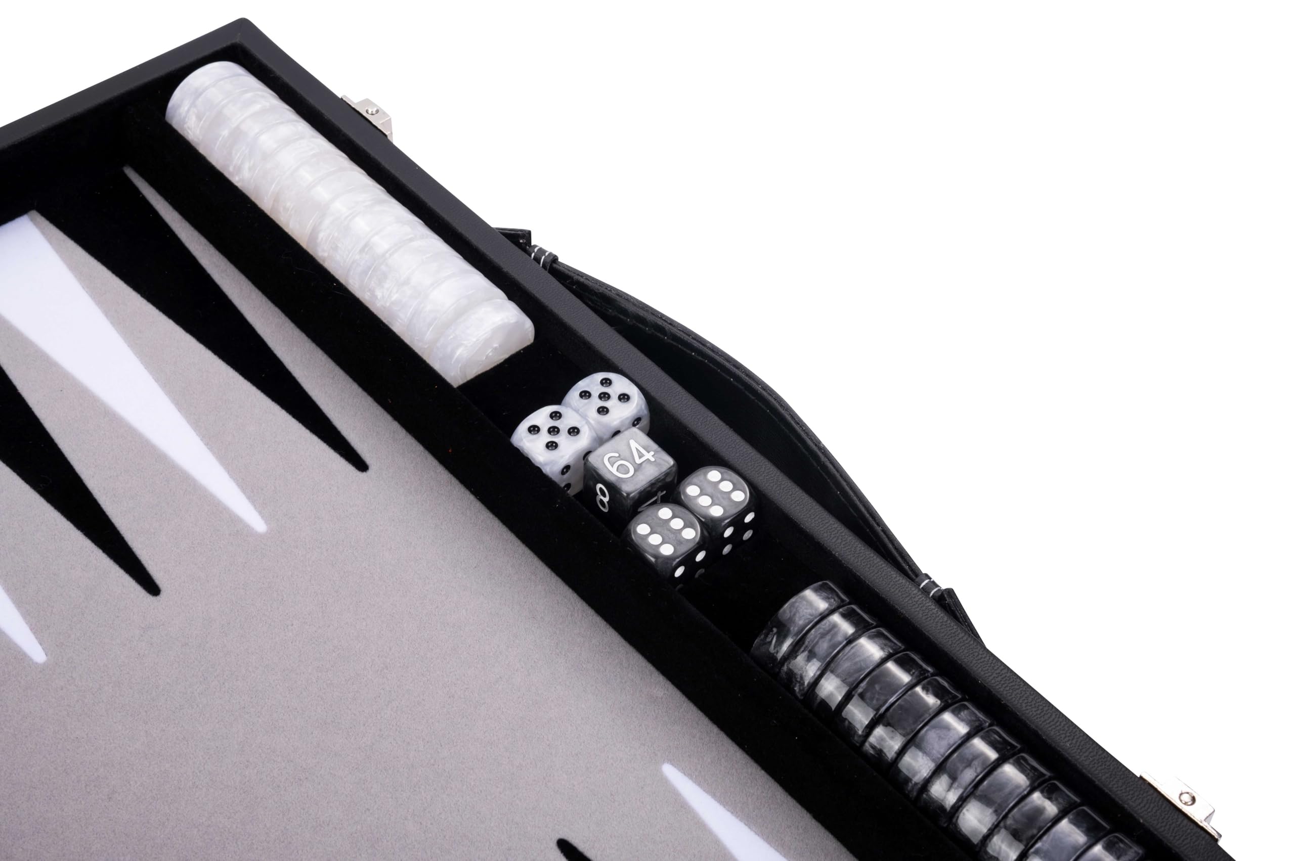 Engelhart - 250506 - Luxus Backgammon - Grau - 38 cm - 15 Zoll - Kunstleder - Filzeinlage - Perlmutt-Würfel und Spielsteine + 2 Becher - Strategie - Backgammon-Spiel