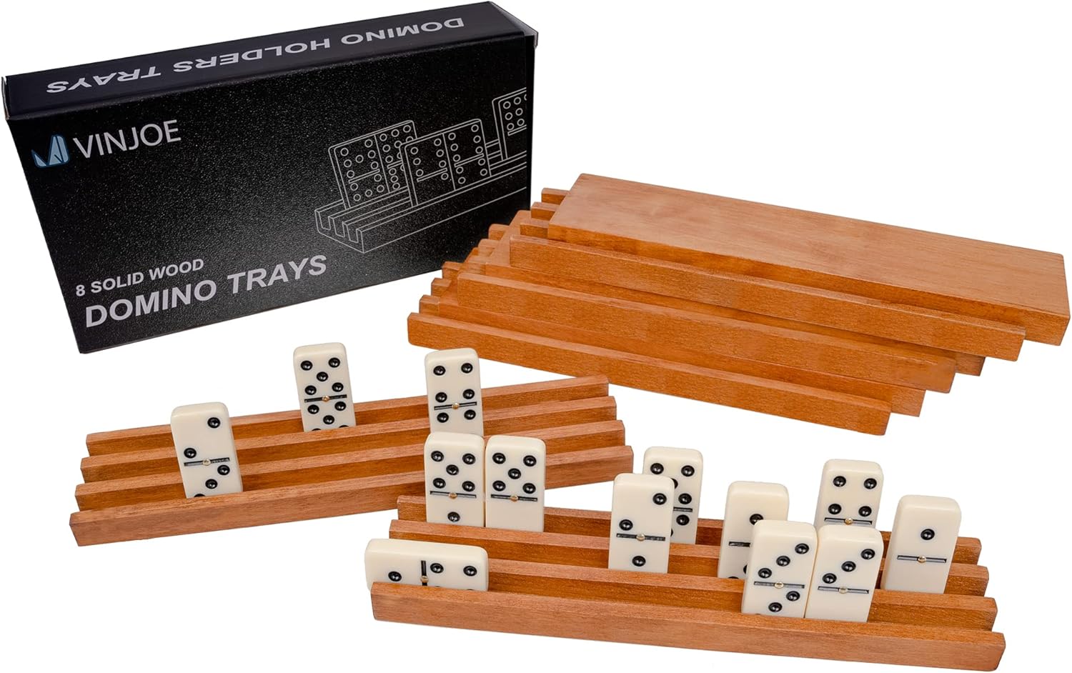 VINJOE Domino Trays Mexican Train, Natural Wood Domino
