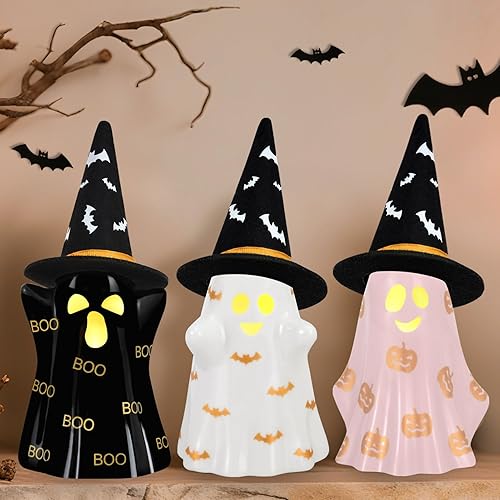 Decoraciones de Halloween para interiores, 3 fantasmas de cerámica de Halloween con sombrero de bruja, bonita decoración espeluznante iluminada,