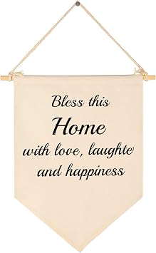 Bless This Home With Love,Laughter,and Happiness Banner-Canvas Hanging Pennant Flag Wall Sign Decor Gift for New Home,Living Room,Bedroom, Porch Decor- Housewarming,Christmas,