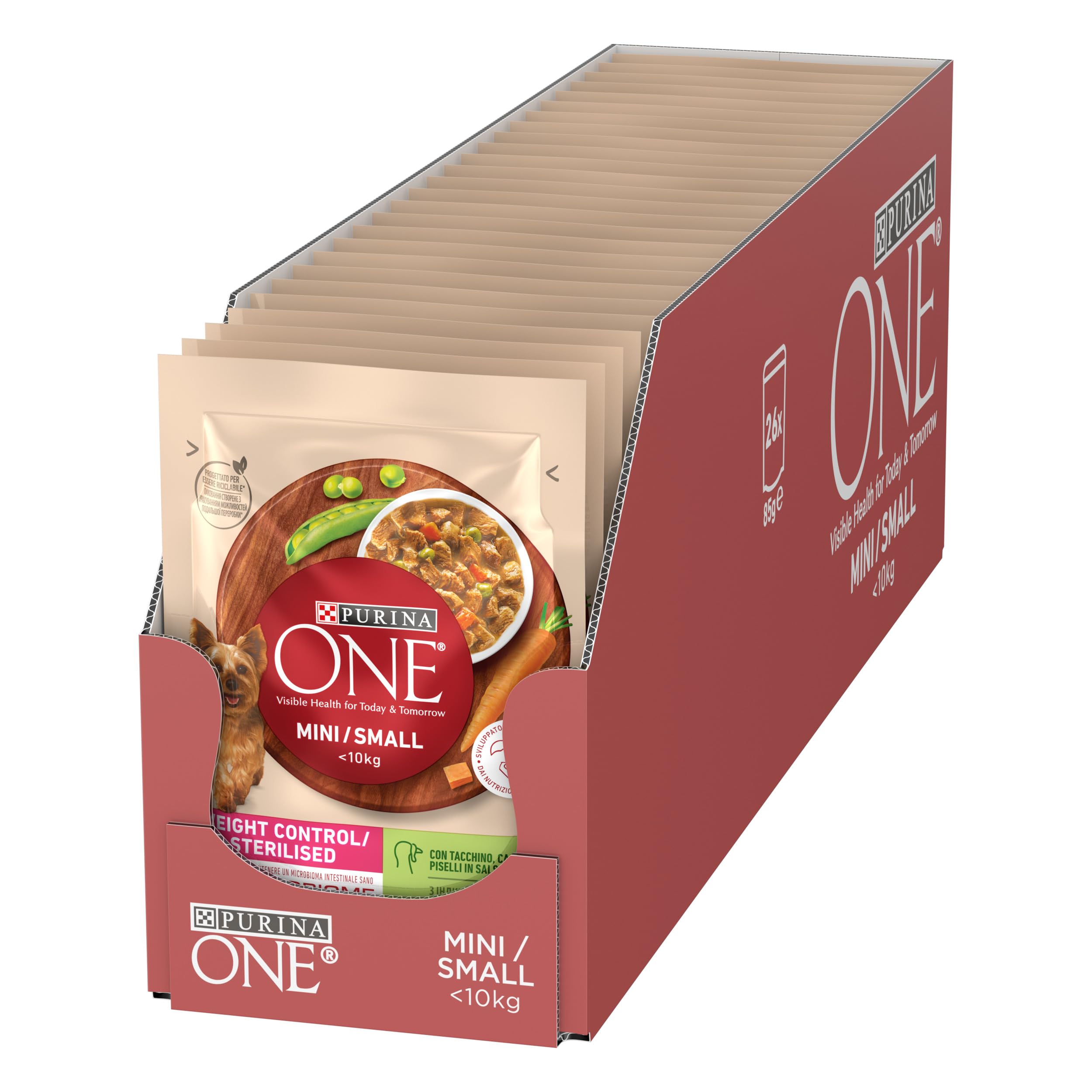 PURINA ONE Small&Mini < 10kg Controllo del peso Cibo Umido per Cani Adulti con Tacchino, Carote e Piselli 26 bustine da 85g